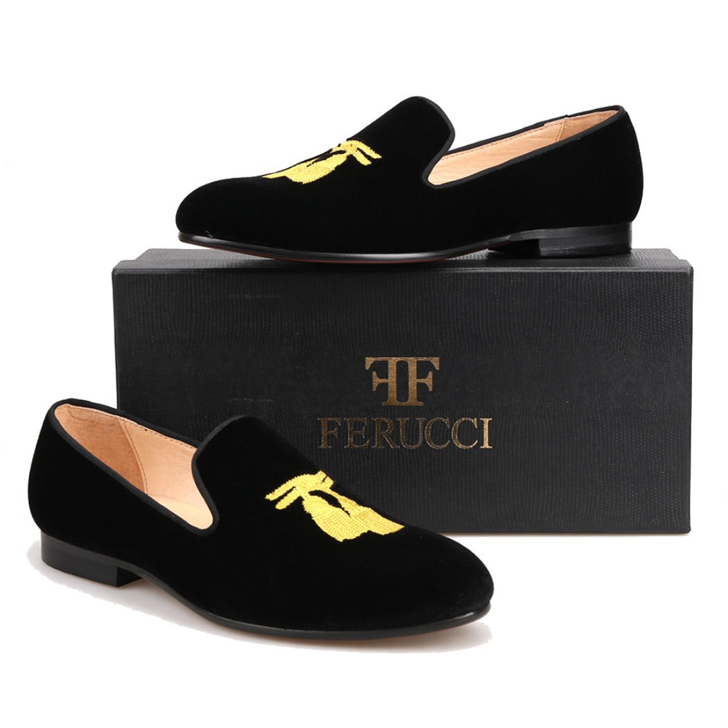 FERUCCI Men's Black Velvet Loafers with Gold Embroidered Tassel - Comfortable House Slippers for Indoor/Outdoor Wear, Perfect Gift for Dad & Husband