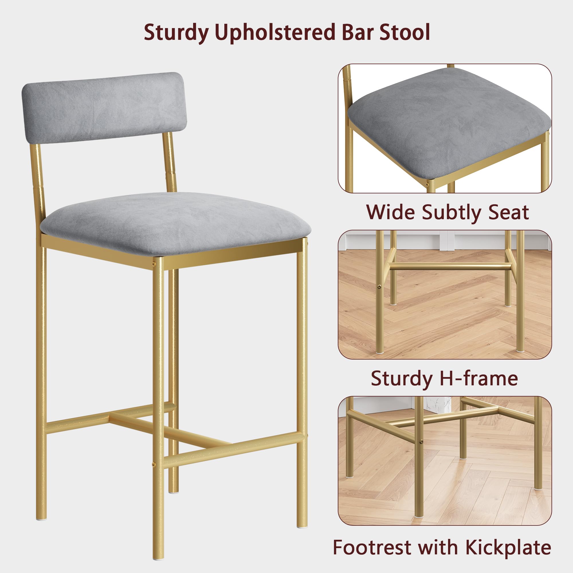 **IDEALHOUSE 3-Piece Counter Height Dining Table Set for 2 - Kitchen Bar Table with 2 Velvet Bar Stools, Small Space & Apartment Friendly in Gray, Gold & White - Perfect for Breakfast Nooks, Studio Apartments & Cozy Dining**