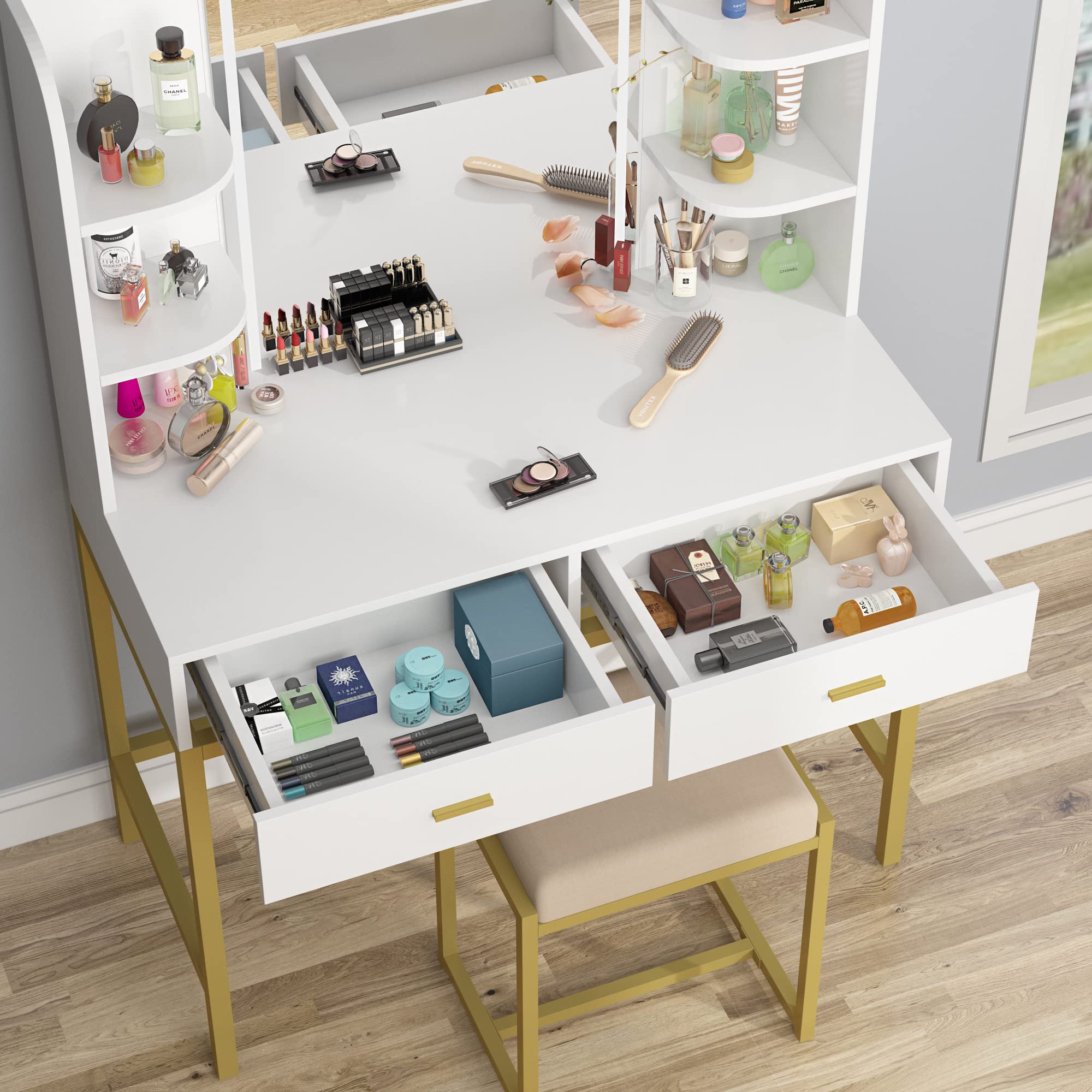 Lighted Makeup Vanity Set with Mirror & Stool - Gold-White Dresser for Bedroom Beauty