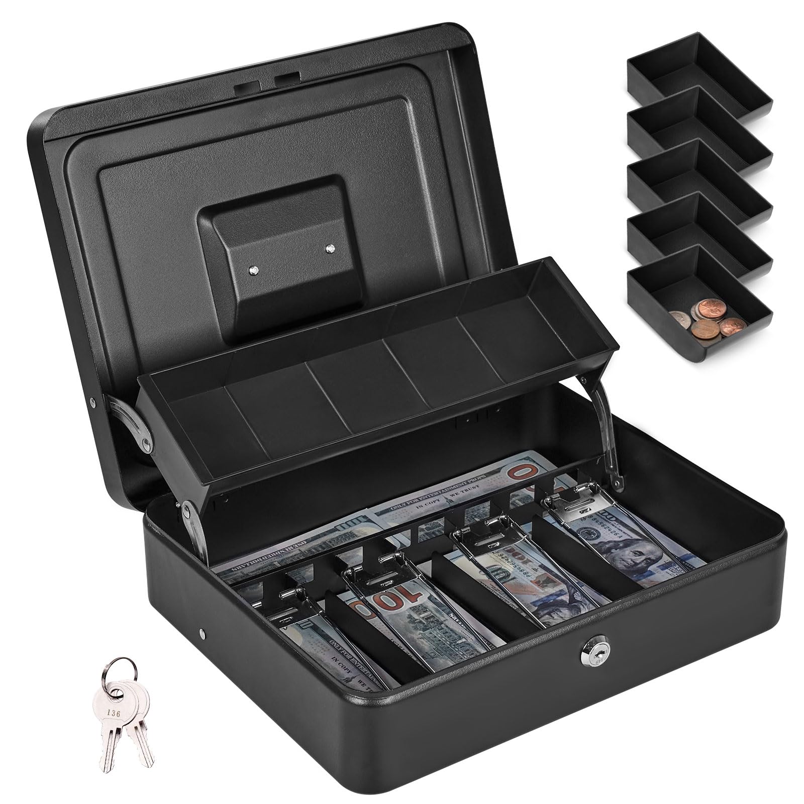 Metal Cash Box with Lock & Key - Durable Money Safe with 4 Bill & 5 Coin Slots, Cantilever Design - Ideal for Retail Stores, Small Businesses, Home Use & Office Cash Management