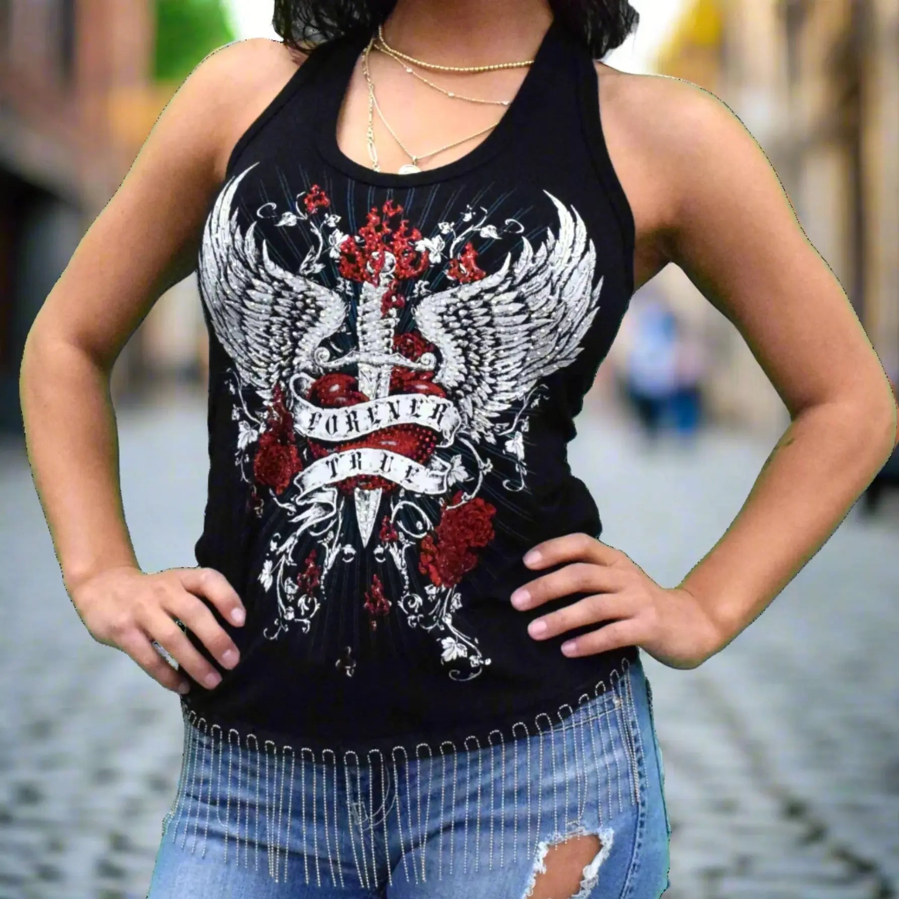 Liberty Wear Women's Forever True Dagger Graphic T-Shirt - Soft Cotton Tee for Casual Wear, Street Style & Everyday Comfort