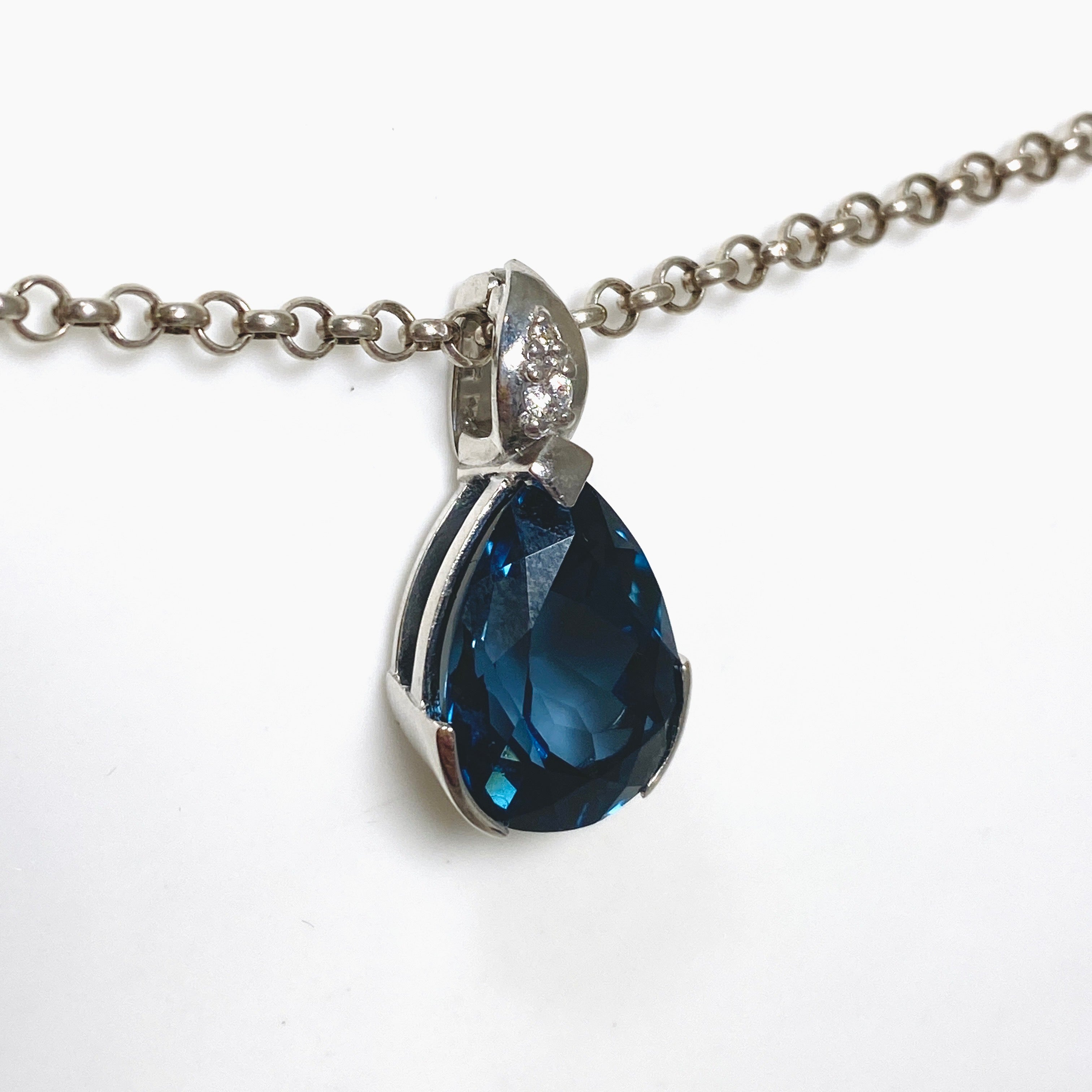 London Blue Topaz Teardrop Faceted Pendant Necklace with CZ Stones - Elegant Jewelry for Women, Perfect for Weddings, Parties & Special Occasions