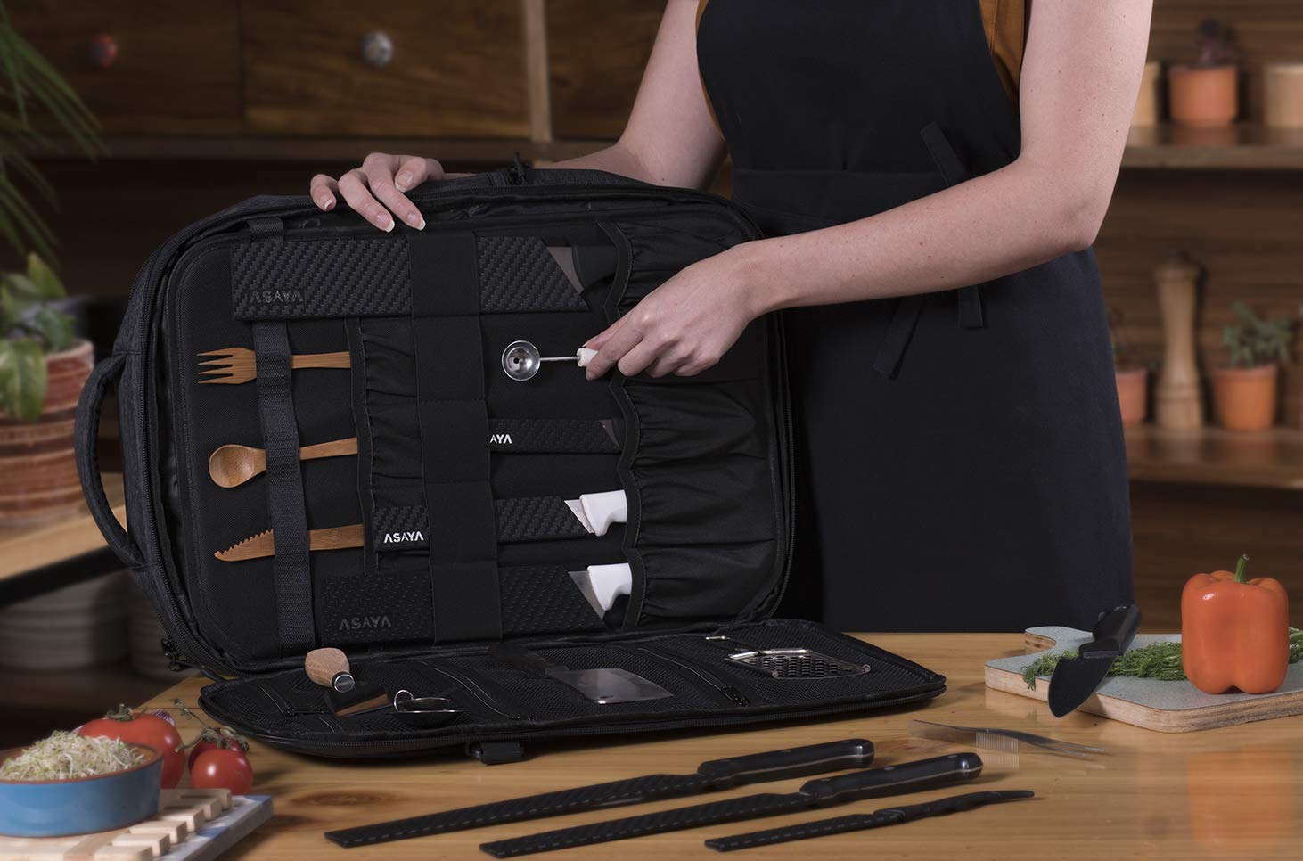 Asaya Professional Chef Knife Backpack with 20-Pocket Knife Roll Bag - Large Capacity Storage for Kitchen Knives & Utensils (30+ Pockets) - Water-Resistant Waxed Nylon with Padded Protection - Perfect for Chefs, Culinary Students & Cooking Enthusiasts (Knives Not Included) - Ideal for Restaurant Work, Culinary School & Outdoor Catering