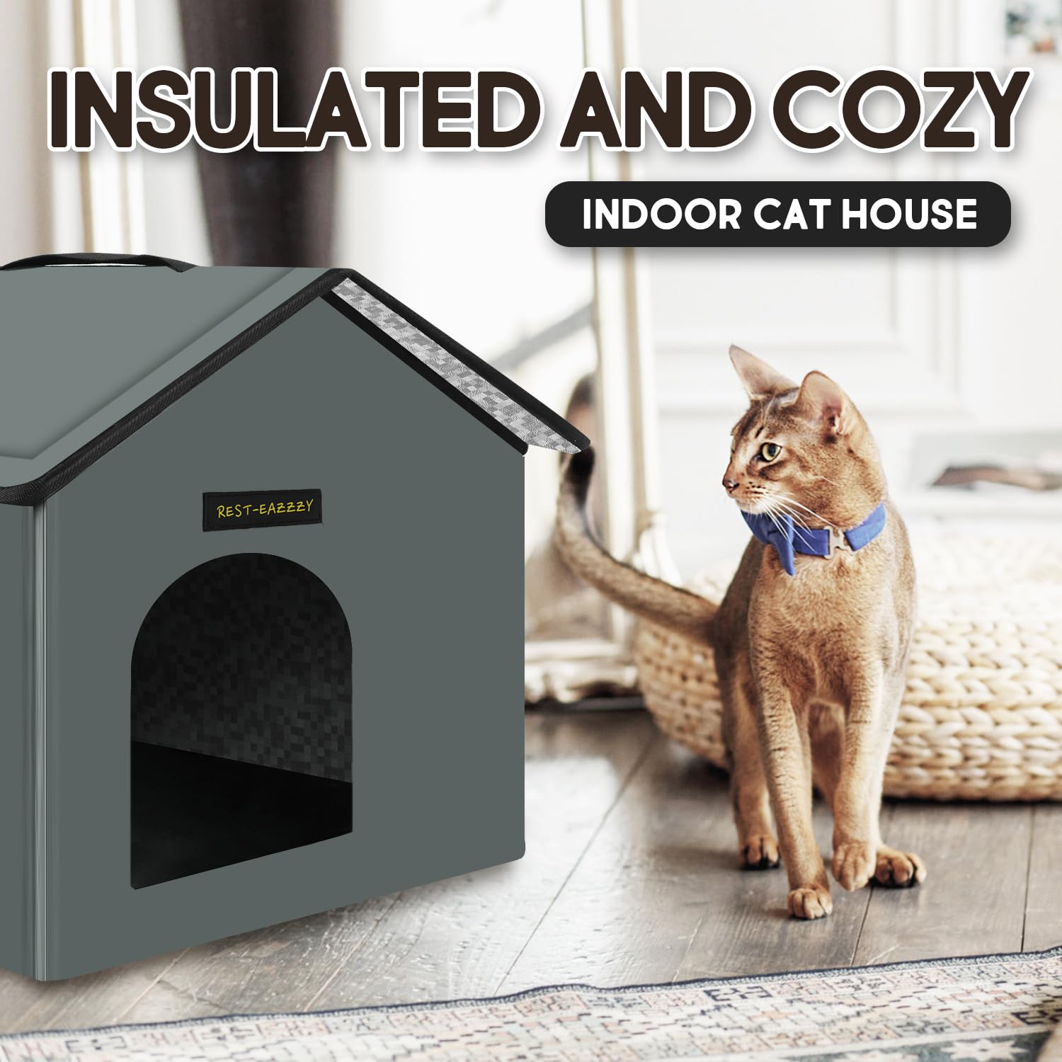 **Weatherproof Insulated Outdoor Cat House - Self-Warming Winter Shelter for Feral Cats with Mat & Clip, Easy Assembly (Grey, Waterproof, Size S) - Perfect for Backyards, Porches & Cold Weather Protection**