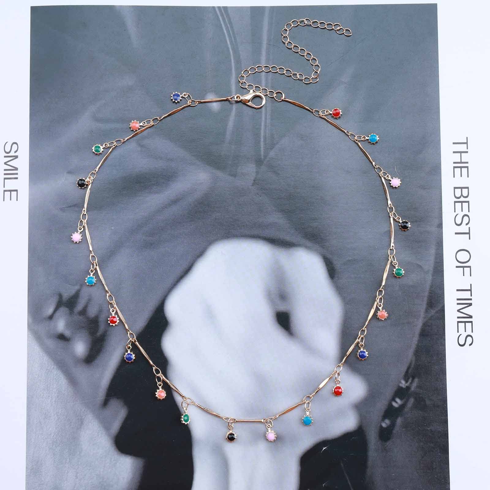 Boho Rainbow Crystal Choker Necklace for Women - Colorful CZ Gem Dangle Pendant with Beaded Chain - Perfect for Beach, Festival, and Boho Fashion Accessories