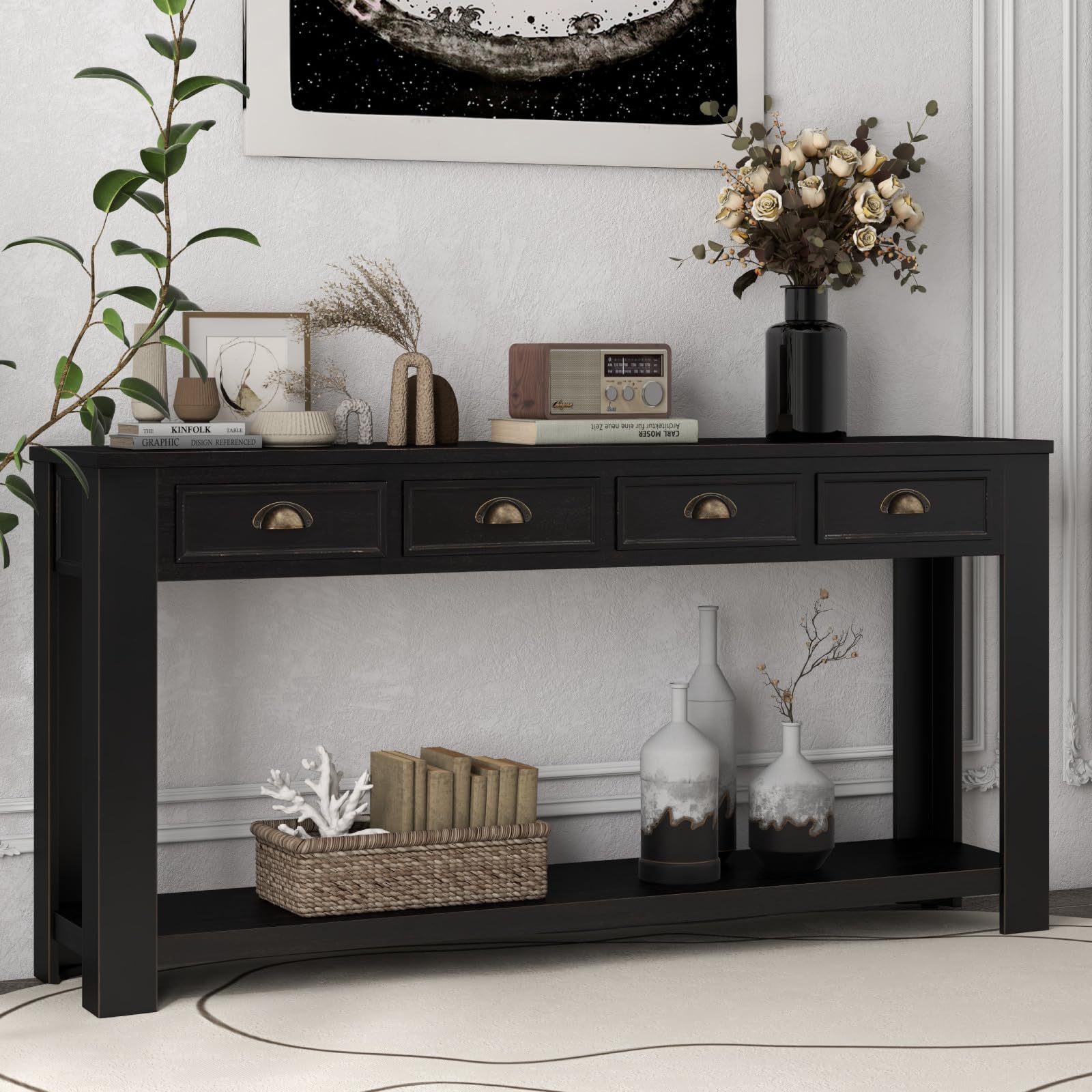 **Kinsuite 60 Inch Long Rustic Wooden Console Table with 4 Drawers & Storage Shelf - Entryway, Living Room, Hallway Sofa Table for Home Decor & Organization**    *(Perfect for foyers, behind sofas, or as a stylish hallway accent with ample storage!)*