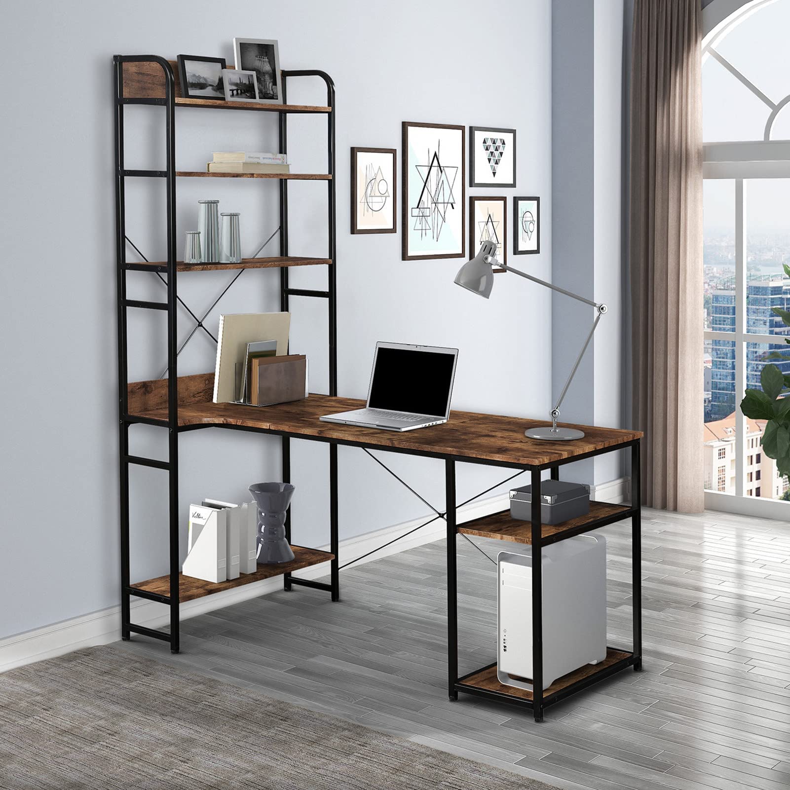 Modern Simple Style 5-Tier Bookshelf Computer Desk - Easy to Assemble Wooden Home Office Desk for Laptop & PC Study - Perfect for Small Spaces, Remote Work & Home Office Furniture (Tiger)