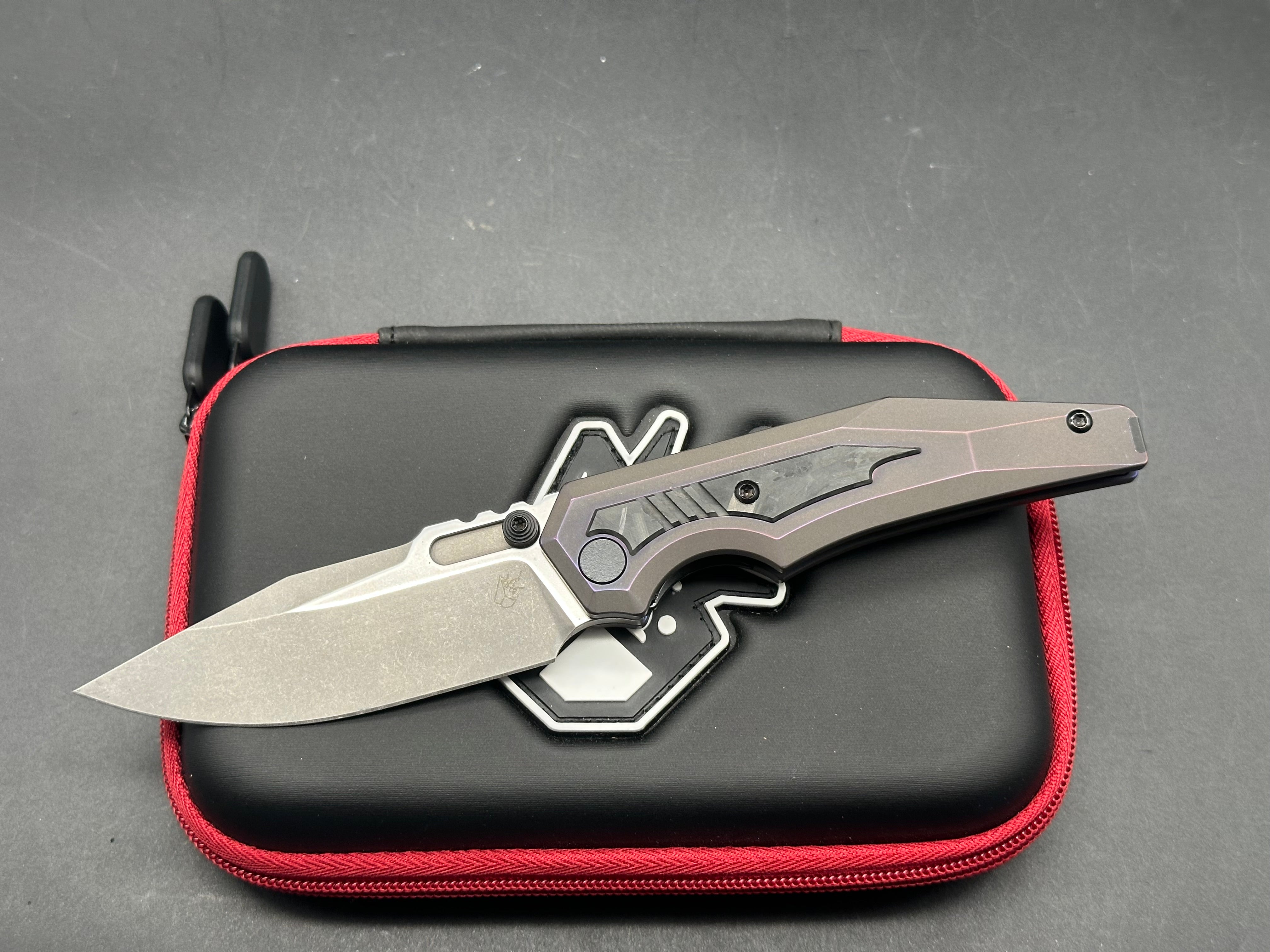 Arcane Design The Preytheon Custom Purple Titanium Folding Knife with Glow Carbon Fiber Inlays - Clip Point Blade, Grey Stonewash Finish & Satin Flats in Premium 20CV Steel | EDC, Outdoor Survival, Camping & Tactical Gear