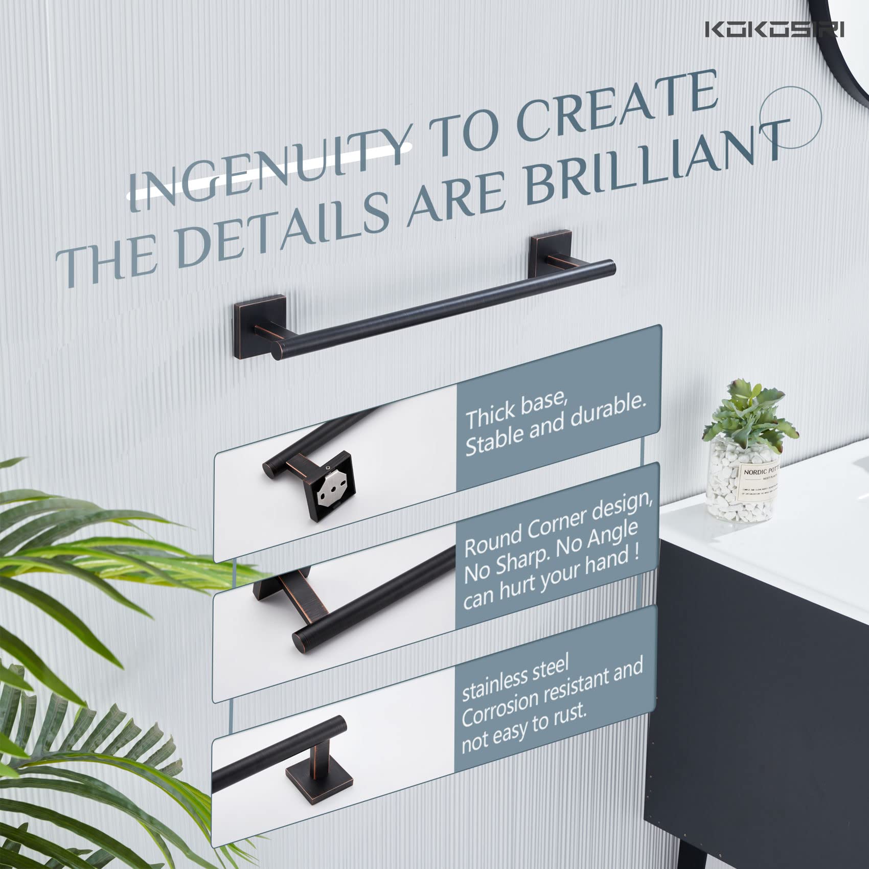 KOKOSIRI 16 Inch Oil Rubbed Bronze Stainless Steel Towel Bar - Bathroom & Kitchen Towel Holder with Rustproof Design (B4005ORB-L16) - Perfect for Hanging Hand Towels in Bathrooms, Kitchens, and Cabinets