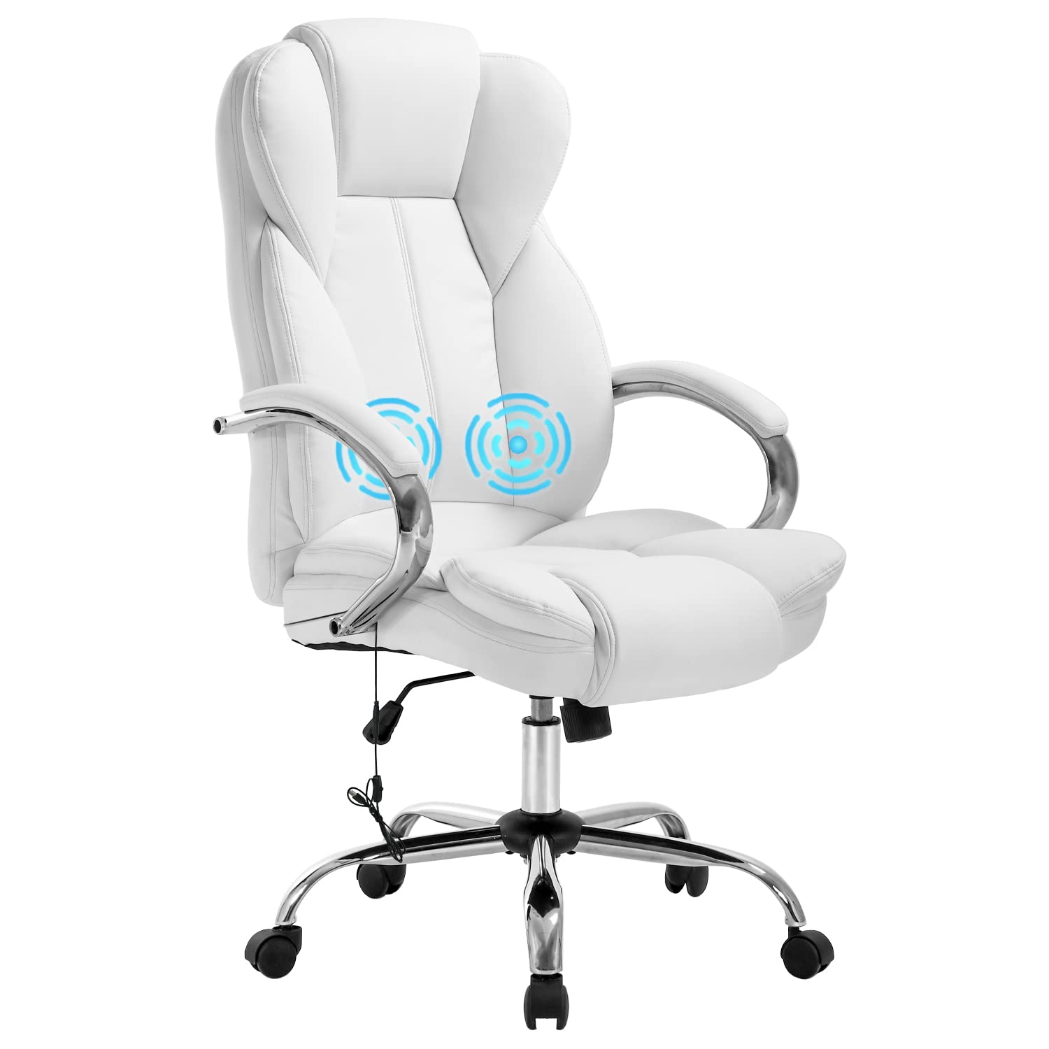 Adjustable High Back Ergonomic Office Chair with PU Leather & Lumbar Support - Executive Computer Task Chair with Massage & Swivel Wheels for Home Office - Perfect for Long Work Hours & Video Conferencing (White)