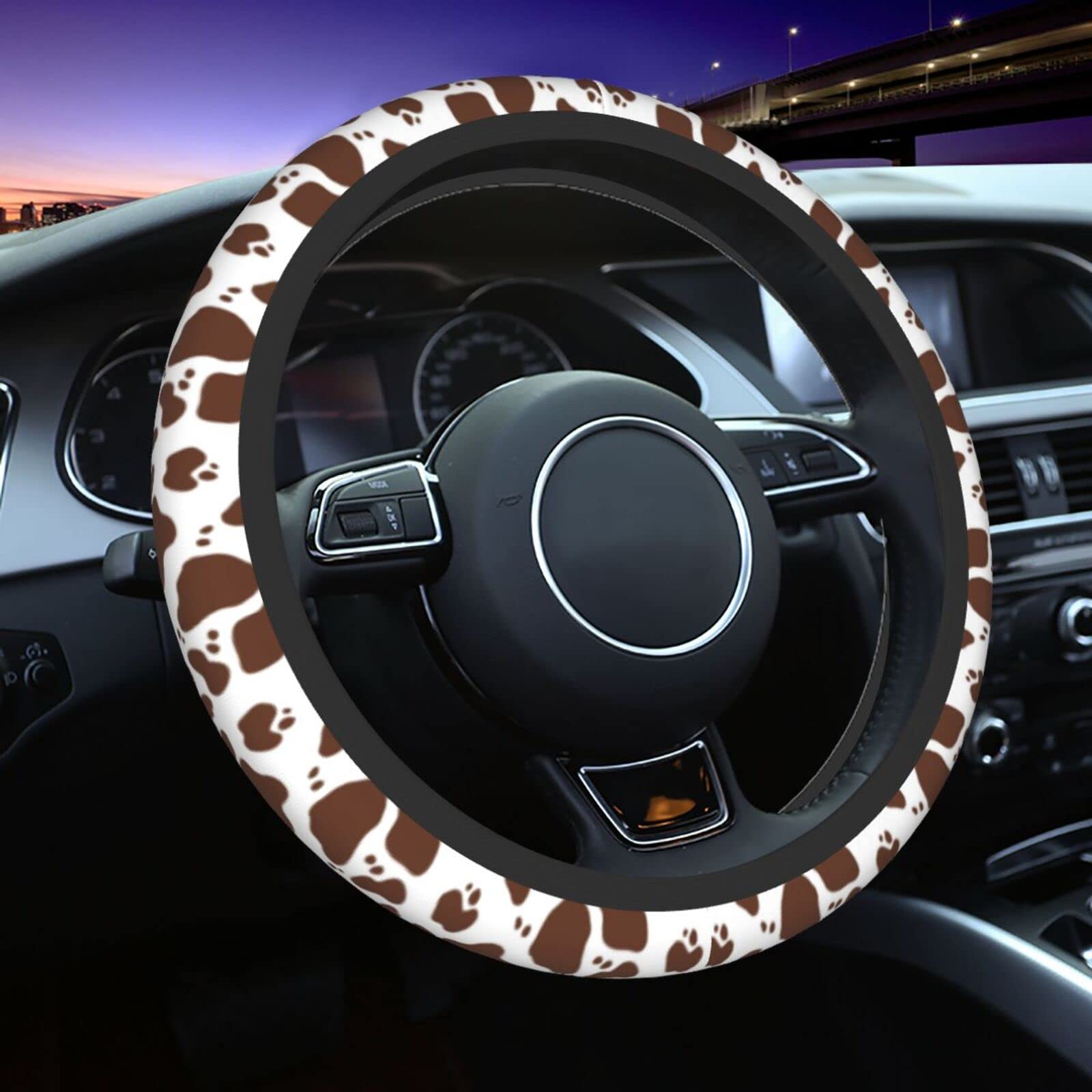 Cute Cow Print Steering Wheel Cover - Universal Fit 15 Inch for Women & Girls - Soft Non-Slip Car Accessories for Comfort & Style - Perfect for Daily Commute, Road Trips & Gift Giving