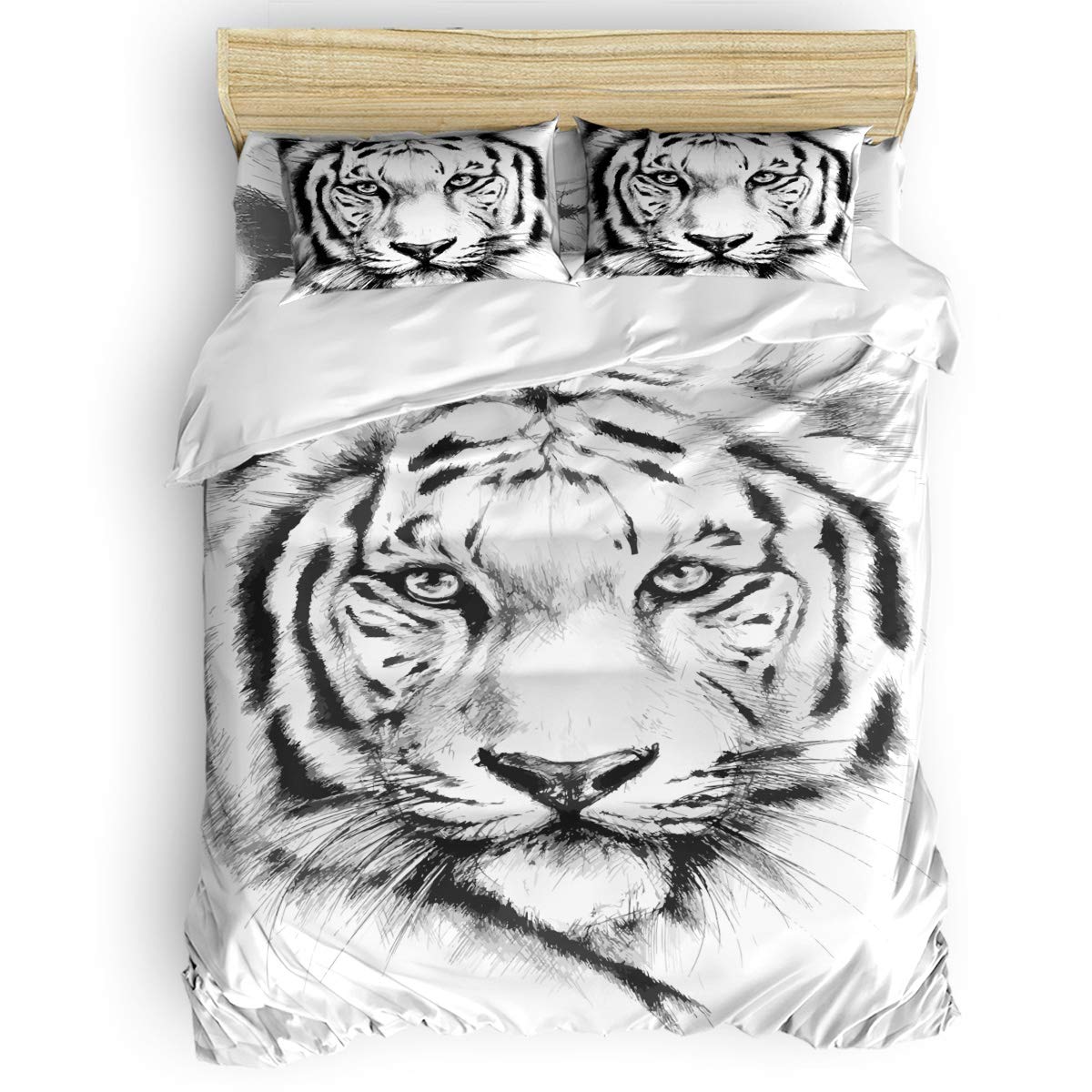 1998 Soft 4-Piece Duvet Cover Set - White Tiger Print Luxury Bedding with Zipper Closure for Kids, Teens & Adults - Wild Animal Theme Twin Size Bedding Set for Cozy Bedroom Decor & Jungle-Themed Rooms