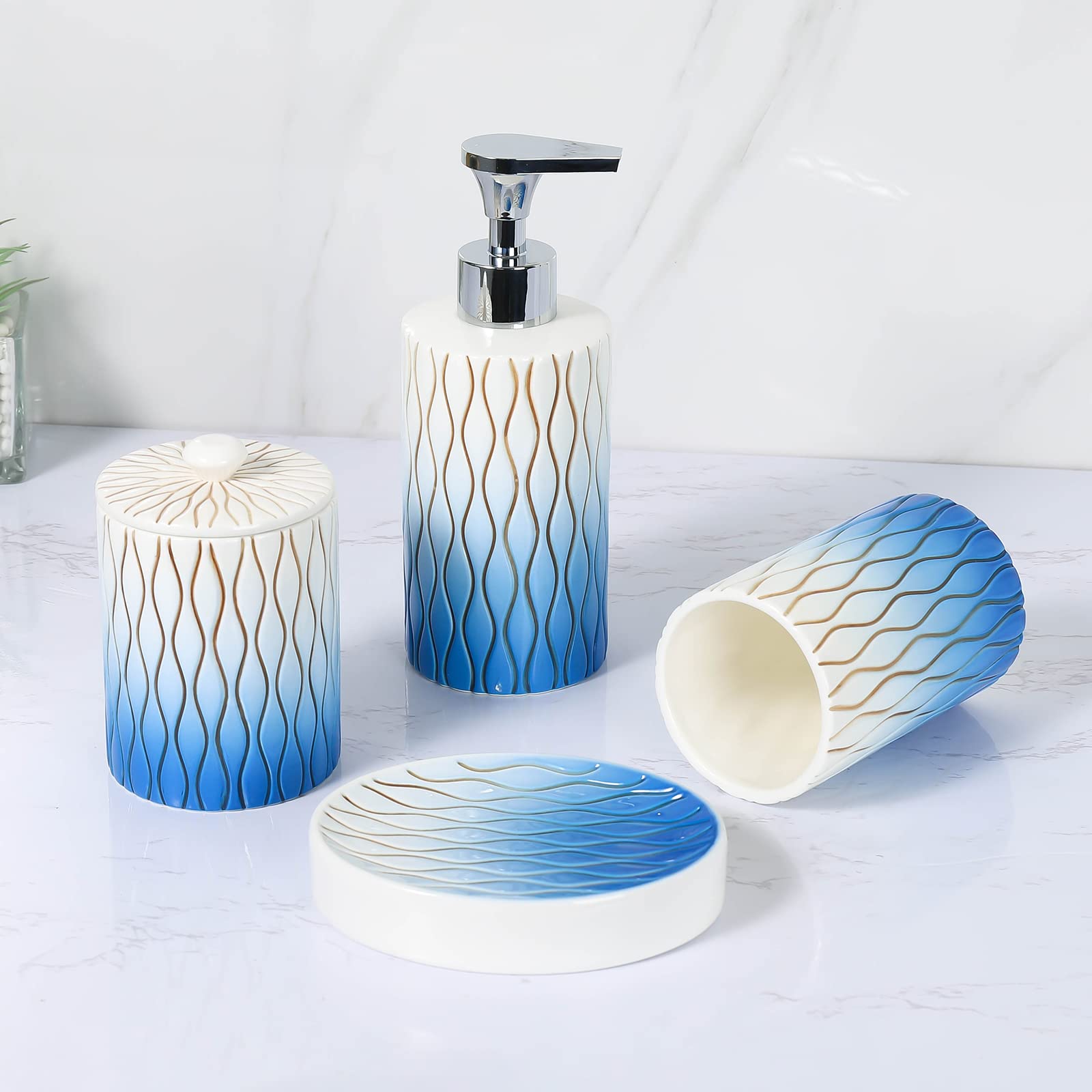 Navy Blue Ceramic Bathroom Accessories Set - 4 Piece Hand-Carved Boho Decor with Toothbrush Holder & Soap Dispenser | Modern Apartment Essentials for Bathroom Organization & Stylish Home Decor