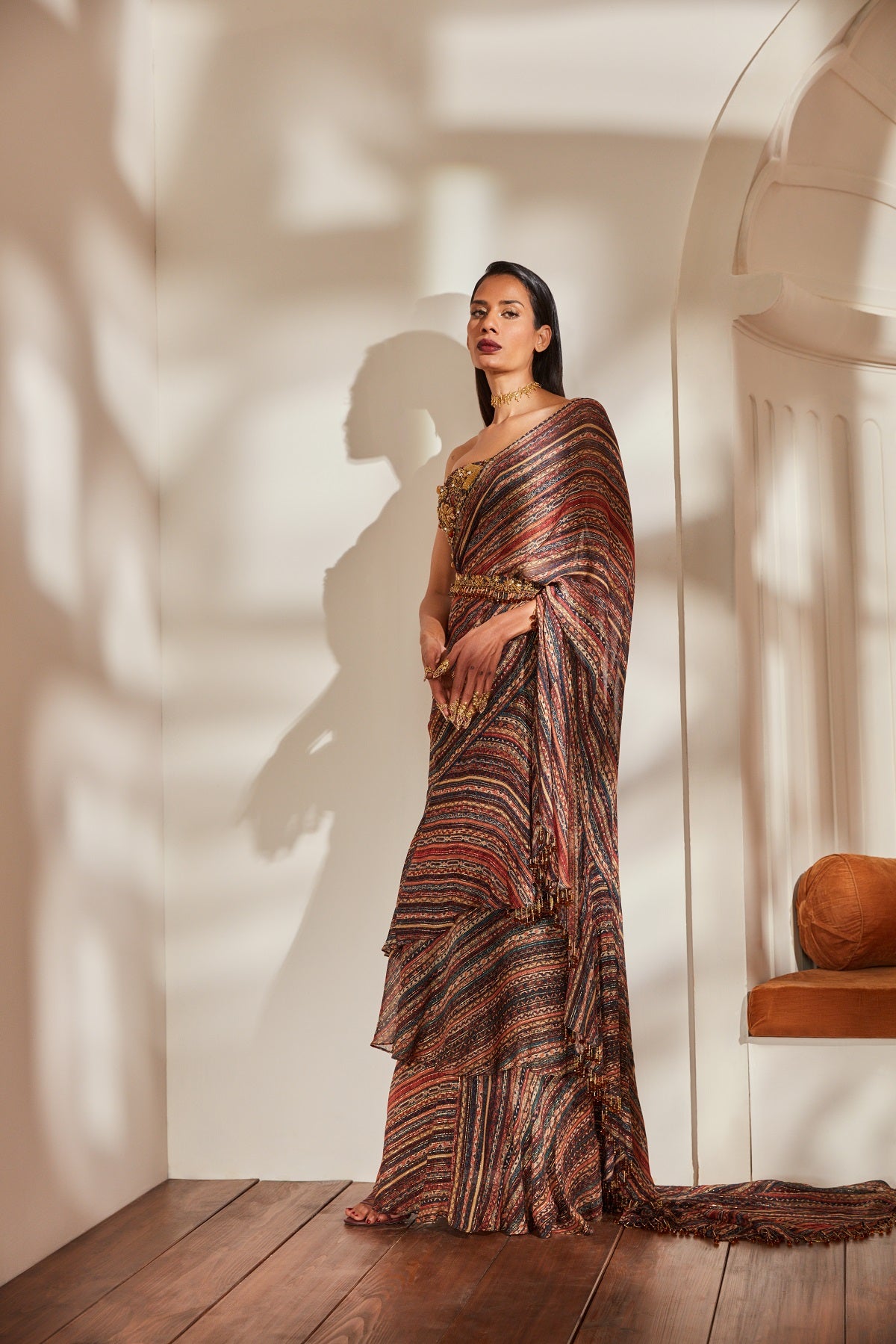 Elegant Stripe Print Ruffle Saree with Tube Top & Belt - Baroque Handwork for Women's Party Wear & Special Occasions