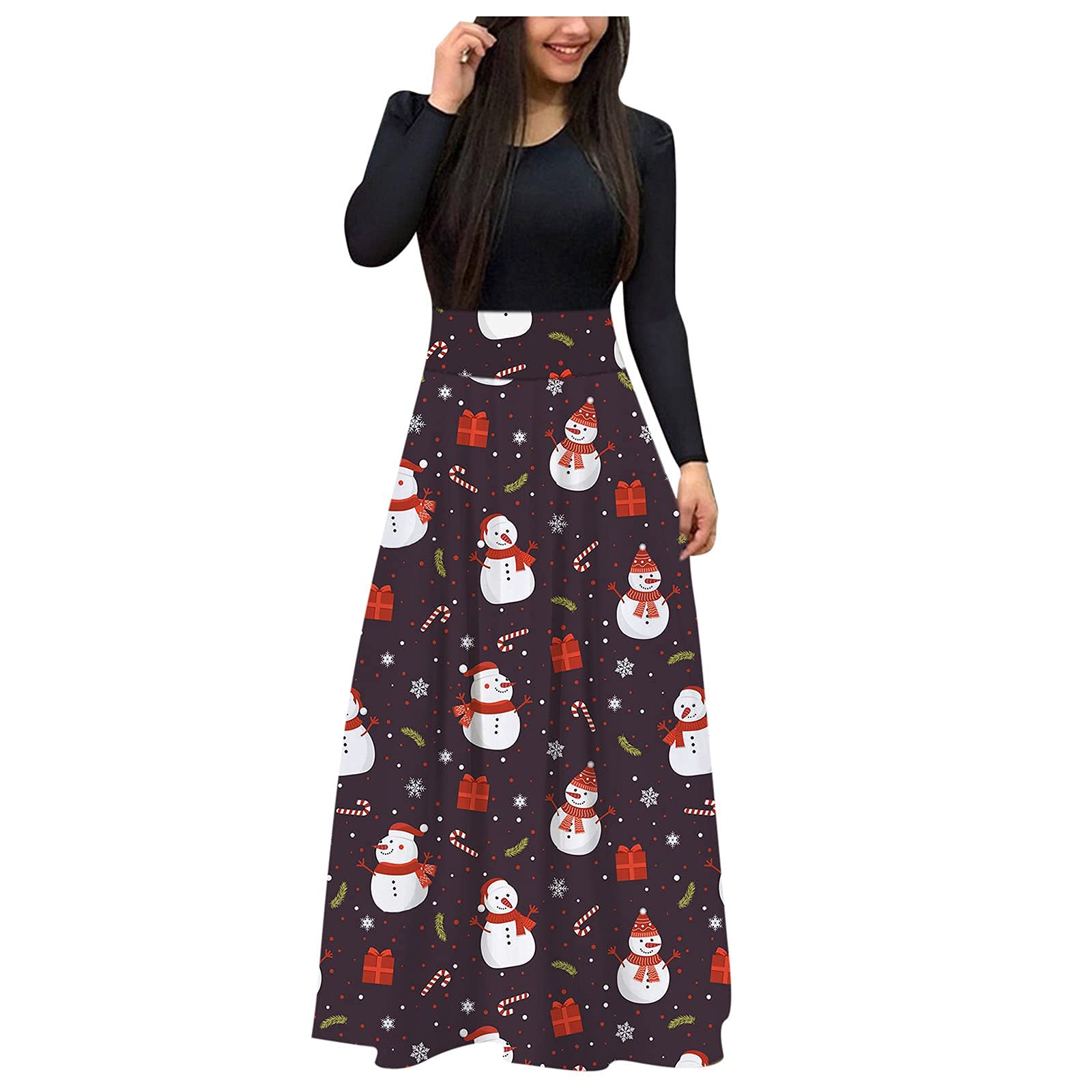 Women's Christmas Party Dress - Long Sleeve Empire Waist Plaid Maxi Dress with Ugly Snowman Print | Holiday Cocktail Attire for Christmas Gatherings, Office Parties & Festive Celebrations