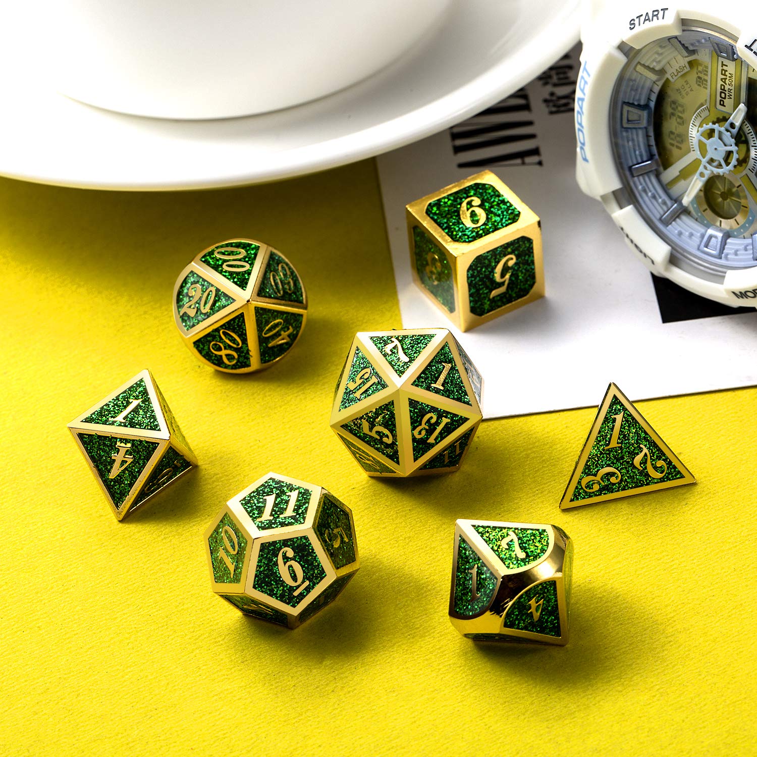 Premium Metal Dice Set for D&D - Glitter Green Heavy RPG Dice with Free Metal Case | Perfect for Dungeons & Dragons, Pathfinder & Tabletop Roleplaying Games