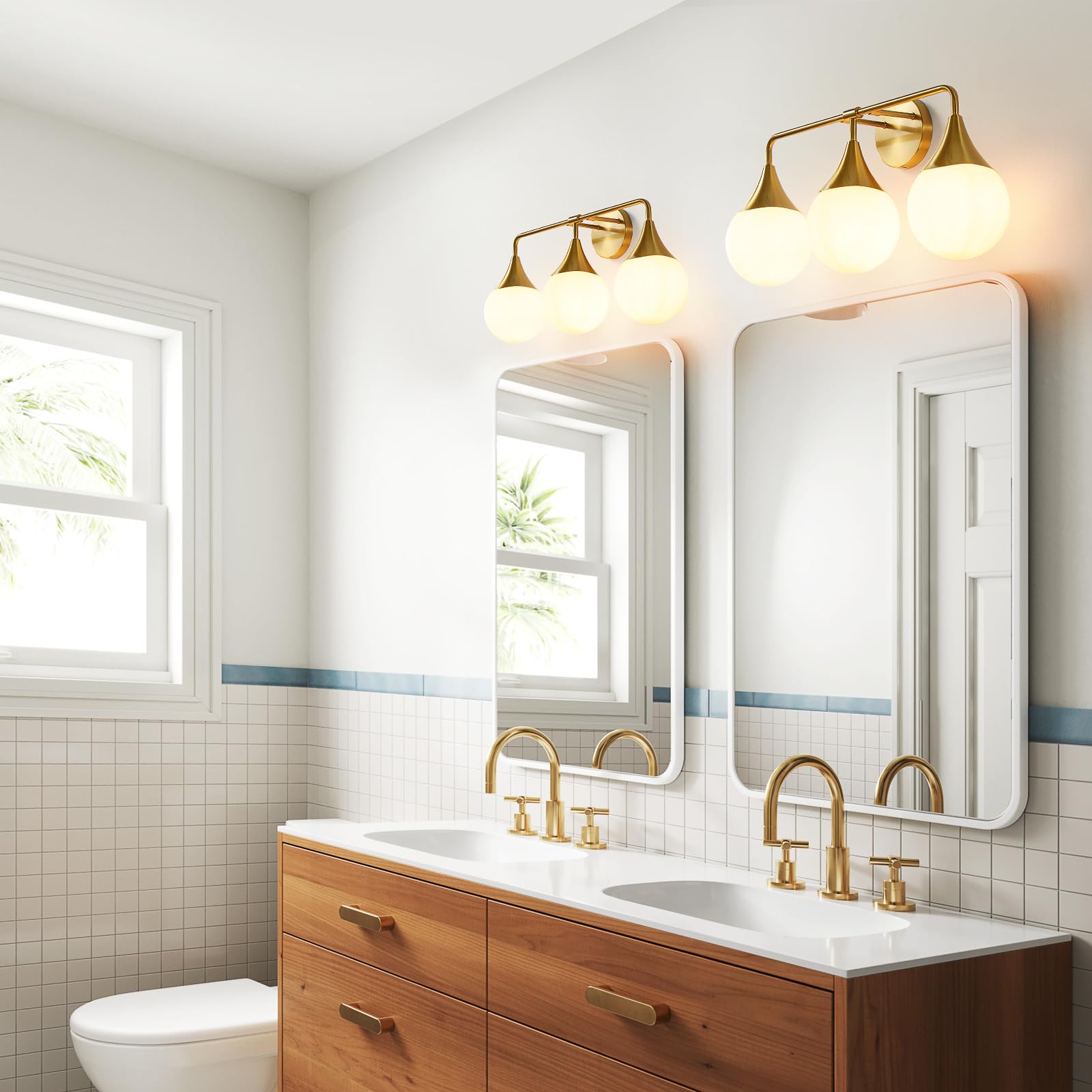 Mid Century Modern Bathroom Vanity Light Fixtures - 3-Light Brass Gold Wall Sconce with Milky White Globe Glass for Mirror Lighting | Perfect for Bathroom, Living Room & Bedroom Décor