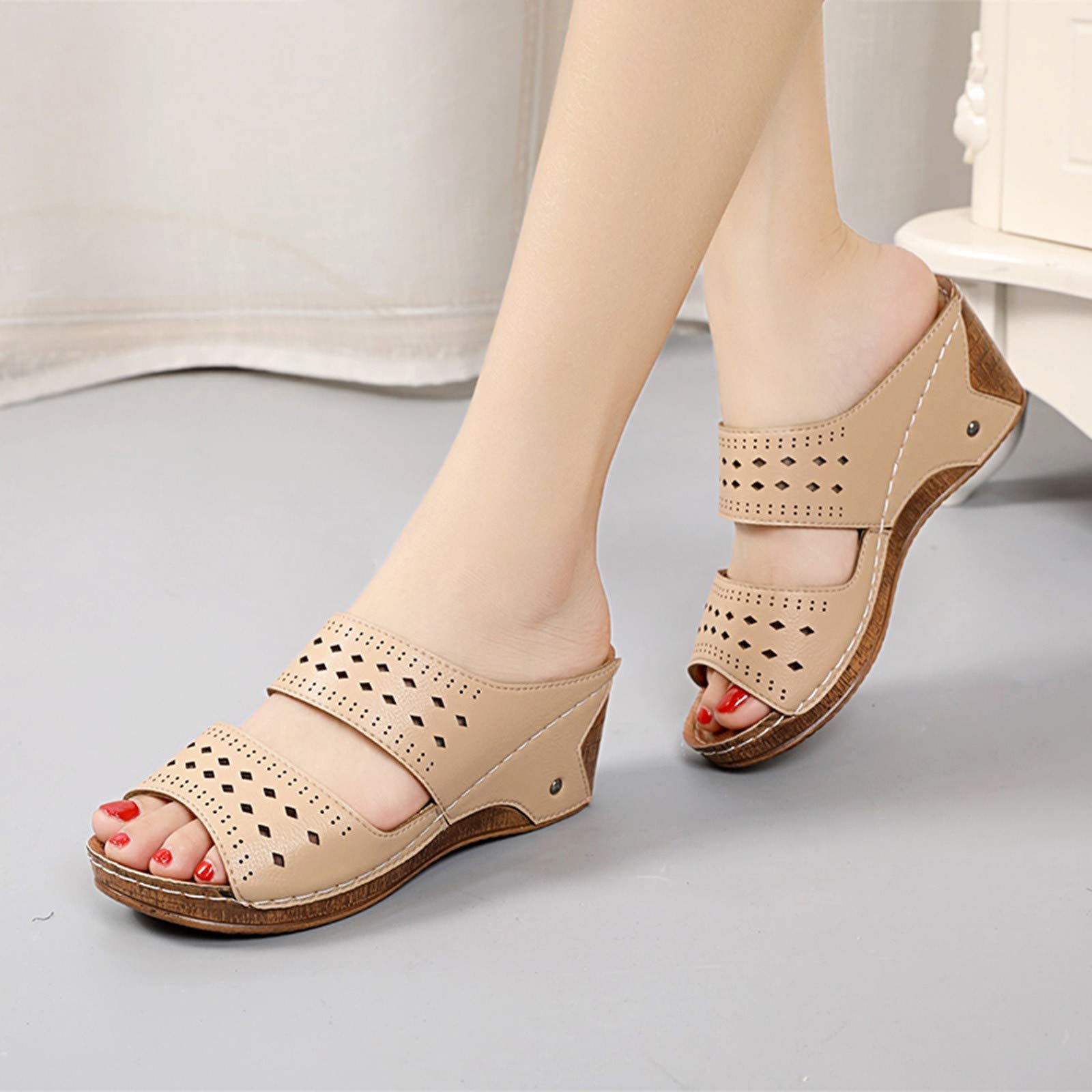 Women's Summer Plus Size Hollow Open Toe Wedge Sandals - Roman Style Dressy Wedges for Casual Outings & Beach Vacations