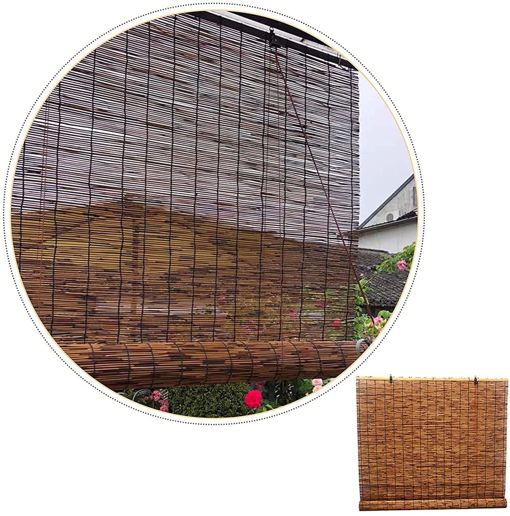 Retro Bamboo Roll Up Window Blinds - Carbonized Natural Reed Roller Shades, Breathable Roman Curtains for Indoor & Outdoor Use, Custom Size W1 x H2M - Perfect for Patio, Living Room, and Bedroom Privacy