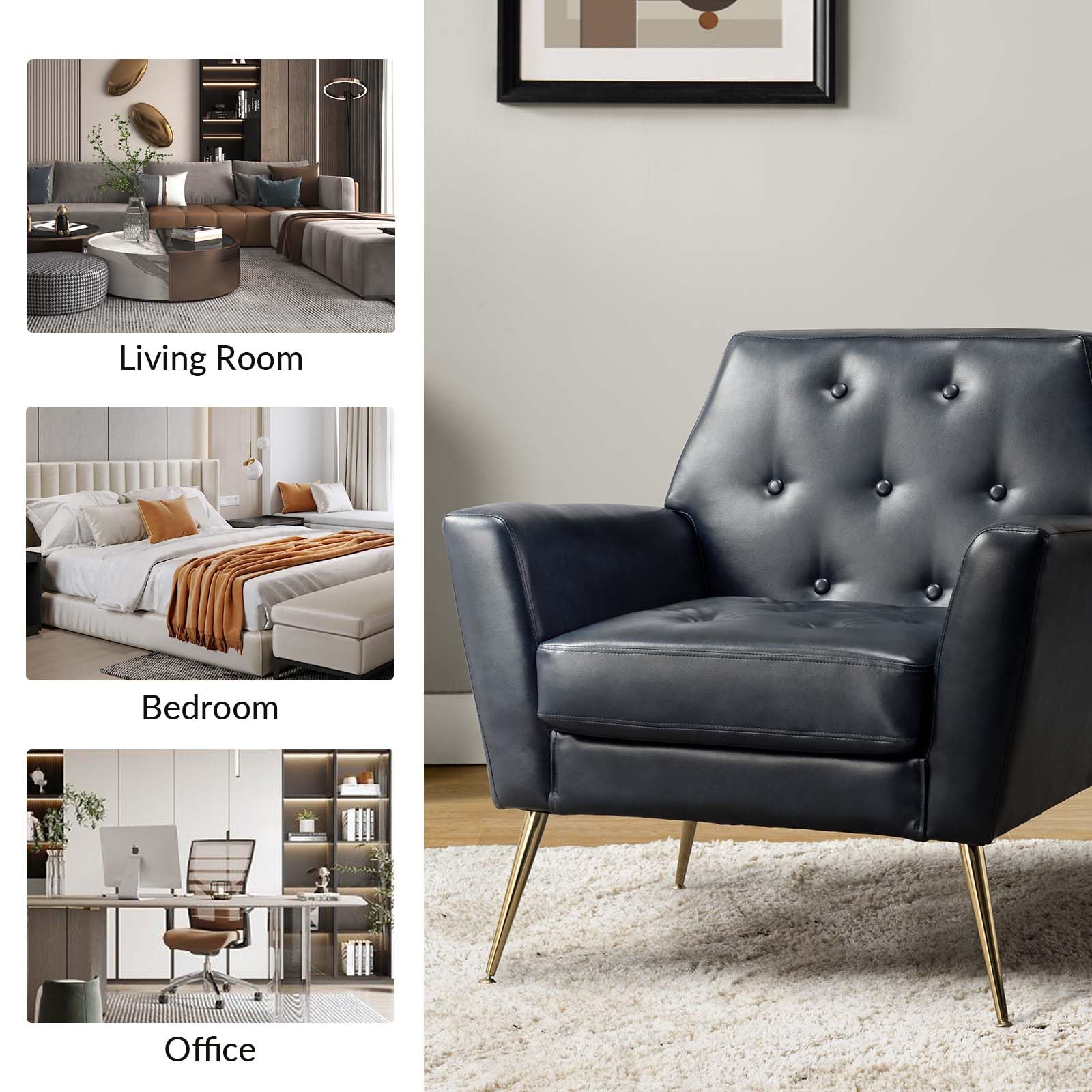 HULALA HOME Modern Faux Leather Accent Chairs Set of 2, Navy Blue Upholstered Armchairs with Gold Metal Legs - Button Tufted Living Room Furniture for Bedroom, Office & Lounge - Comfortable Seating for Home Decor