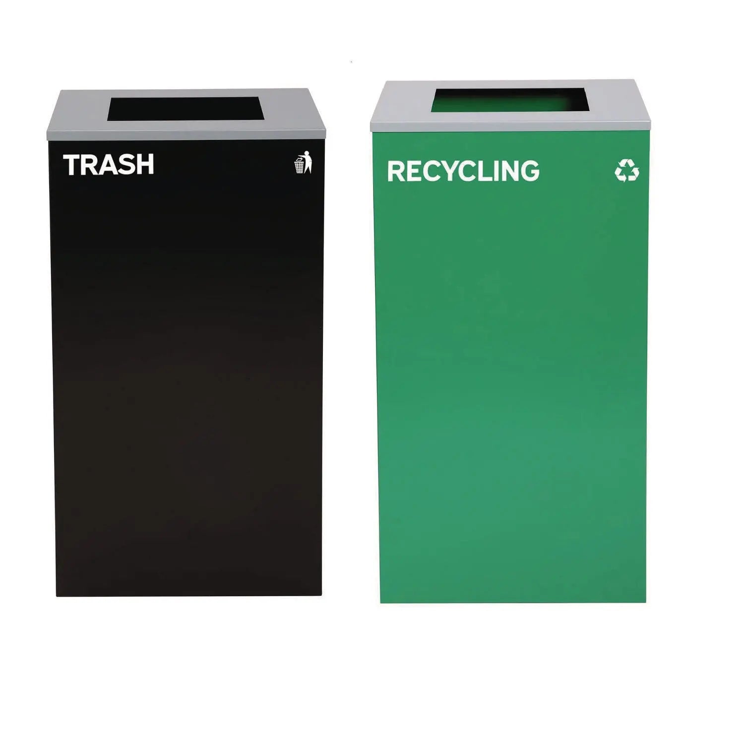 Alpine Industries 29 Gallon Steel Trash Can & Recycling Bin Set - Green Recycling Can & Black Trash Can with Square Lids for Kitchen, Office, or Outdoor Waste Management