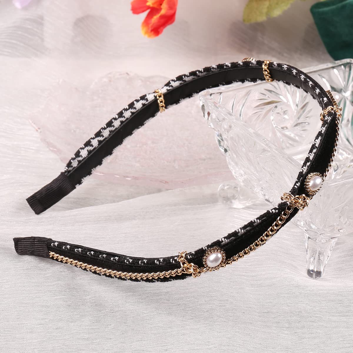 YARN & INK Women's Fashion Headband with Gold Chain & Pearls - Non-Slip Hair Accessory for Women & Girls - Perfect for Holiday Parties, Christmas Gifts & Special Occasions