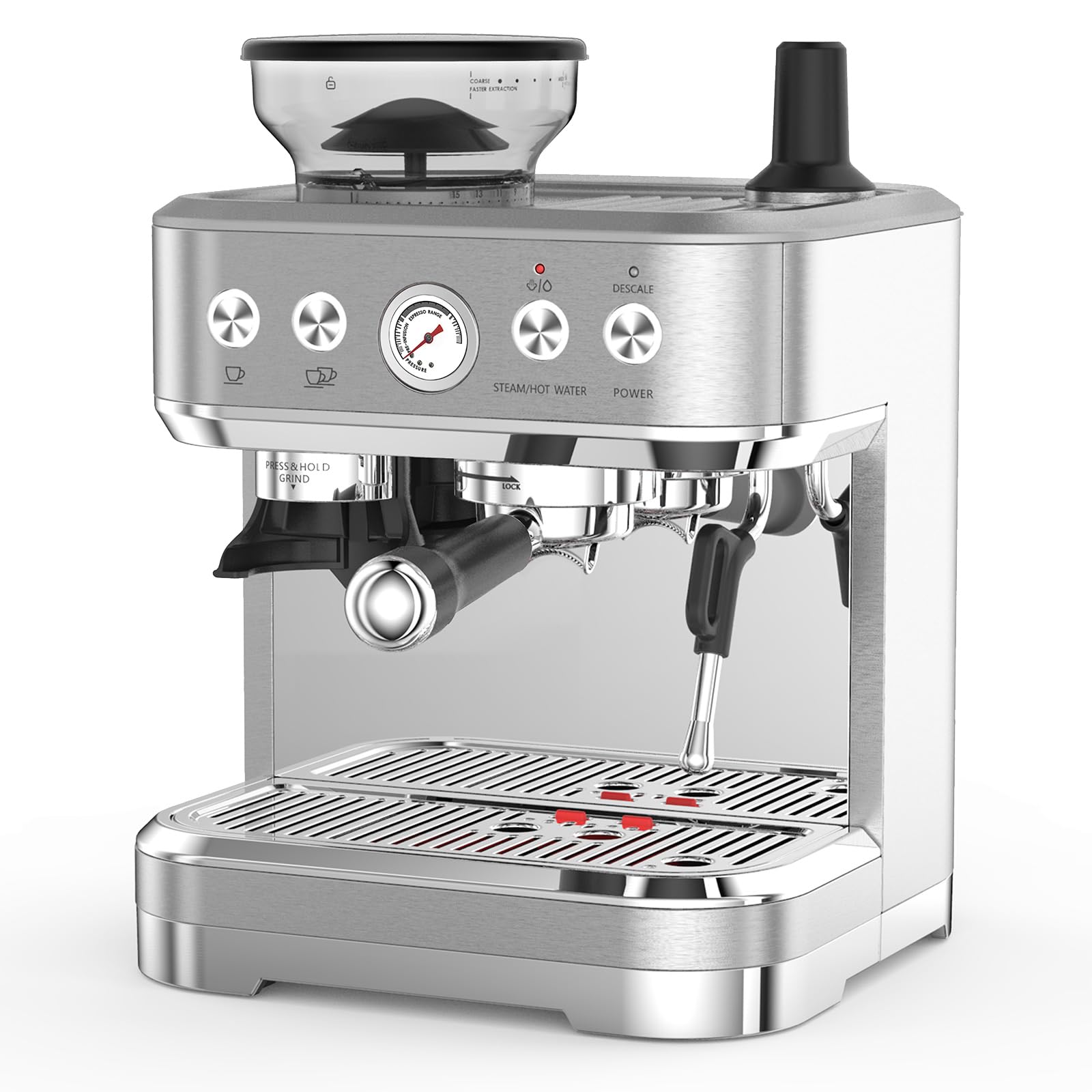 20 Bar Semi-Automatic Espresso Machine with Built-in Grinder & Milk Frother - Stainless Steel Coffee Maker for Latte & Cappuccino - 95oz Large Water Tank - Perfect for Home, Office & Cafe Use