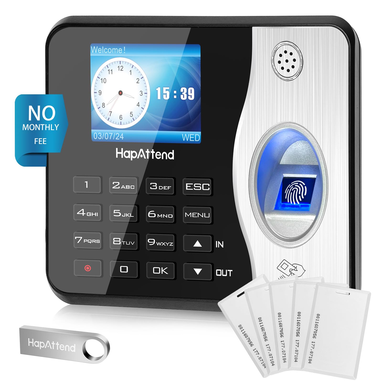 Standalone Biometric Time Clock with Fingerprint, RFID & PIN - 15 RFID Cards Included | No Monthly Fees | Ideal for Small Business, Office & Retail Employee Attendance Tracking