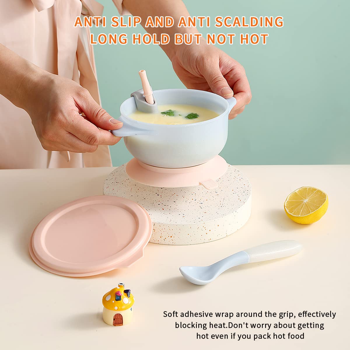 Kyraton Baby Bowls with Straw & Spoons - Unbreakable, Reusable, Slip-Resistant Suction Bowls for Infants & Toddlers - Perfect for Milk, Soup, Ice Cream & Baby-Led Weaning - Light Blue Feeding Bowl for High Chair, Travel & Home Use