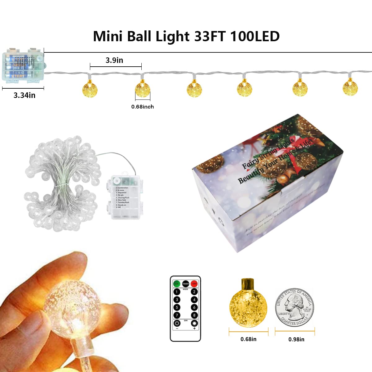 33FT 100LED Battery Operated Outdoor String Lights - Waterproof Remote Control with Timer & 8 Lighting Modes for Christmas, Bedroom, Party, Tent, Garden, Patio, Wedding, and Outdoor Decor (Indoor/Outdoor Use)