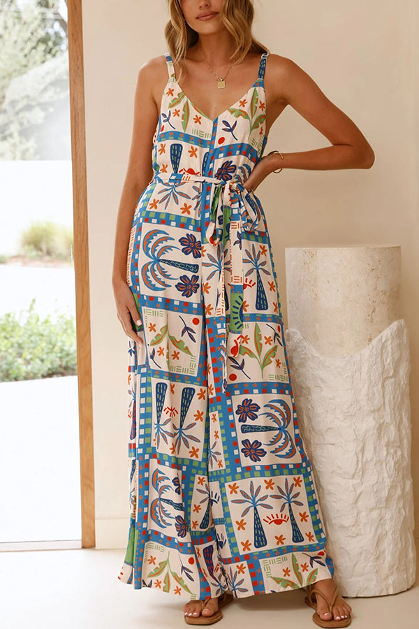 Stylish Beach Vacation Print V-Neck Suspenders Wide Leg Jumpsuit - Perfect for Summer Outings, Vacations & Casual Wear