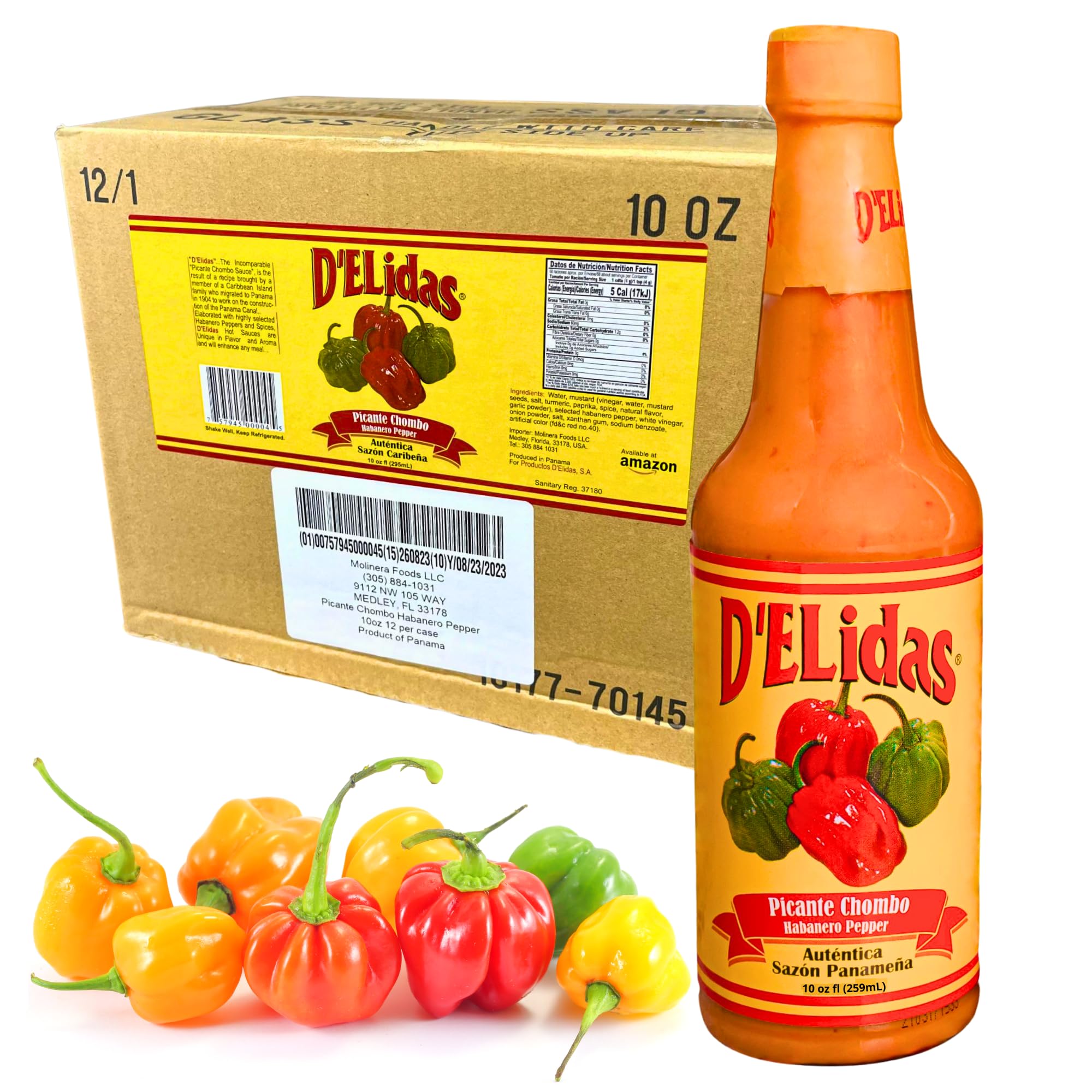 D'ELidas Habanero Hot Sauce - All Natural Habanero Pepper Hot Sauce | Non-GMO, Keto Friendly | Authentic Panamanian Chombo Picante Sauce | 10 Fl Oz (Pack of 12) | Perfect for Tacos, Wings, BBQ & Spicy Food Lovers