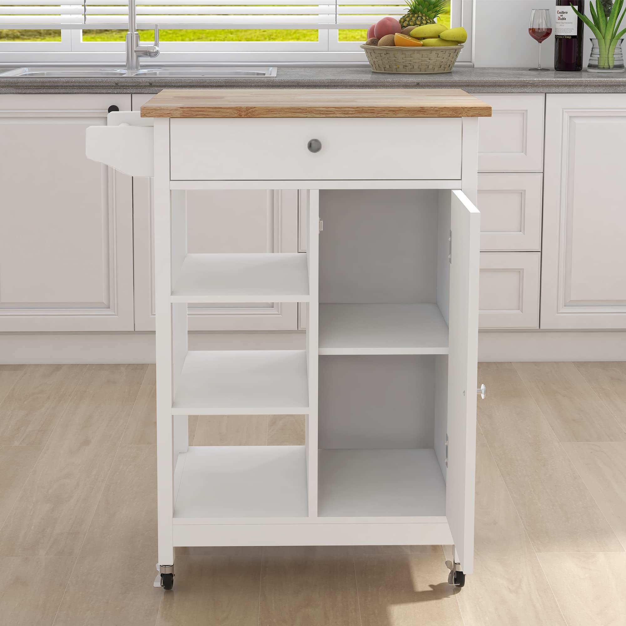 Mobile Kitchen Island Cart with Solid Wood Top - White Rolling Storage Cabinet with Single Door, Drawer & 2 Open Shelves, Towel Rack - 25.98