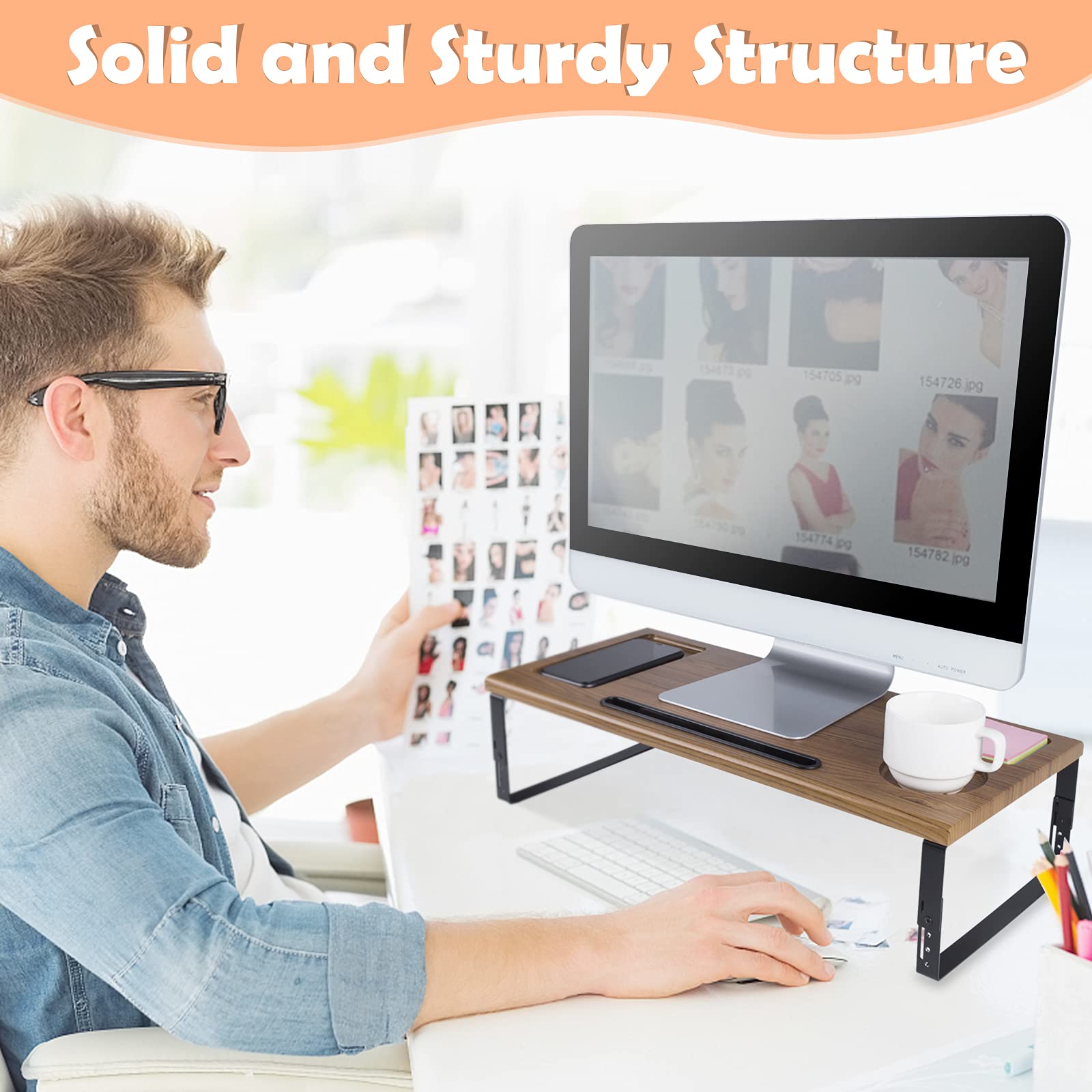 Premium Adjustable Monitor Stand Riser - Ergonomic Metal & Wood Desktop Organizer with Phone/Tablet Holder - Supports Heavy Monitors, Laptops & Printers - Perfect for Home Office & Workspace Organization (Wood Finish)