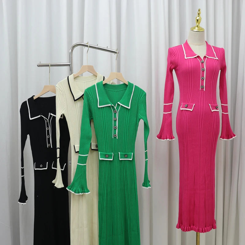 Autumn 2024 Women's Fashion Long Sleeve Single Breasted Patchwork Knit Dress - Elegant Office Wear & Business Casual Dress for Work, Meetings, and Professional Events