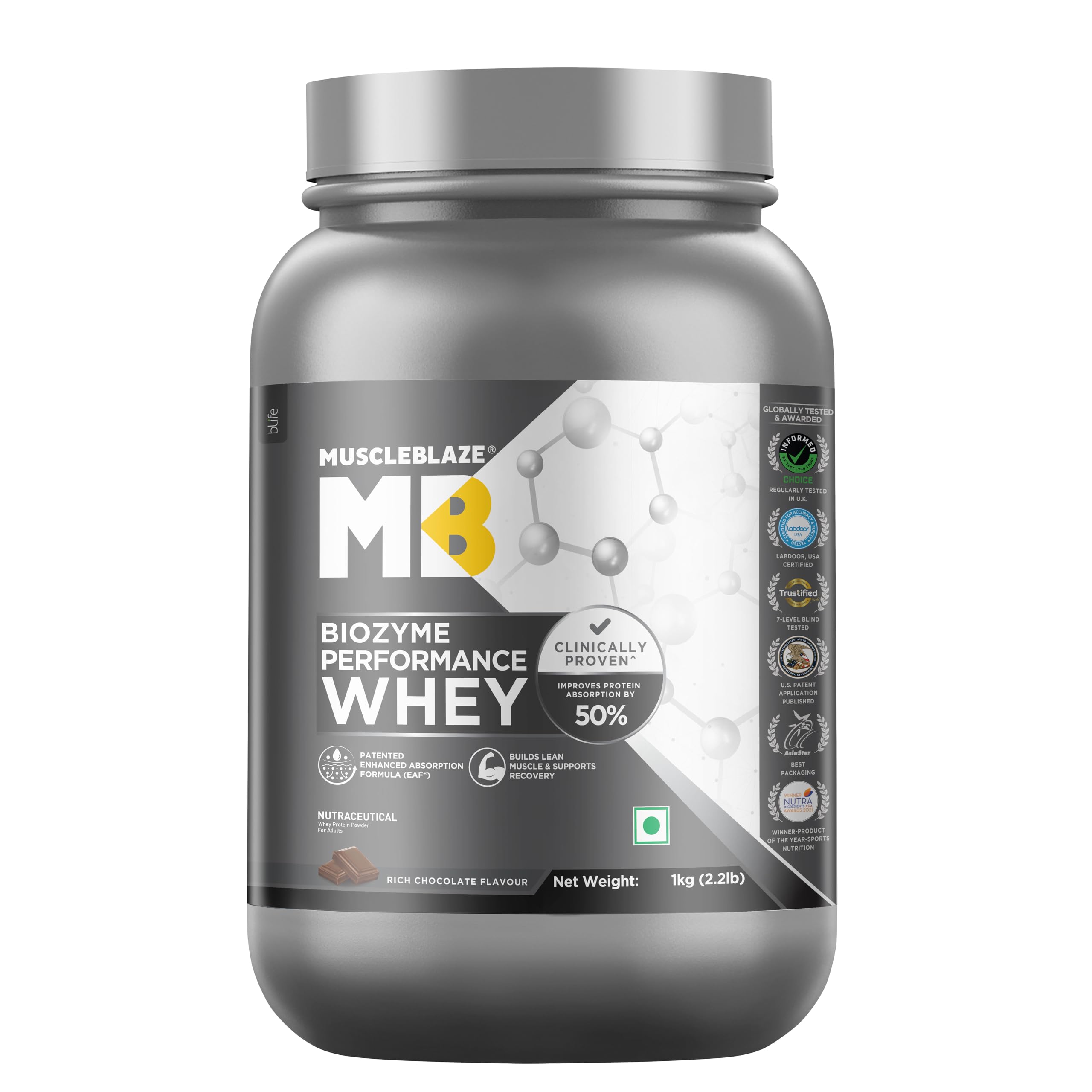 MuscleBlaze Biozyme Performance Whey Protein Powder - Rich Chocolate Flavor, 1kg/2.2lbs | Clinically Proven 50% Faster Protein Absorption for Muscle Recovery & Growth | Ideal for Post-Workout, Weight Training & Fitness Enthusiasts