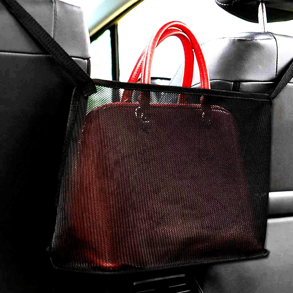 Car Purse Holder - Black Net Pocket Handbag Organizer for Seat Back, Attaches to Headrest - Perfect for Road Trips, Shopping & Daily Commute