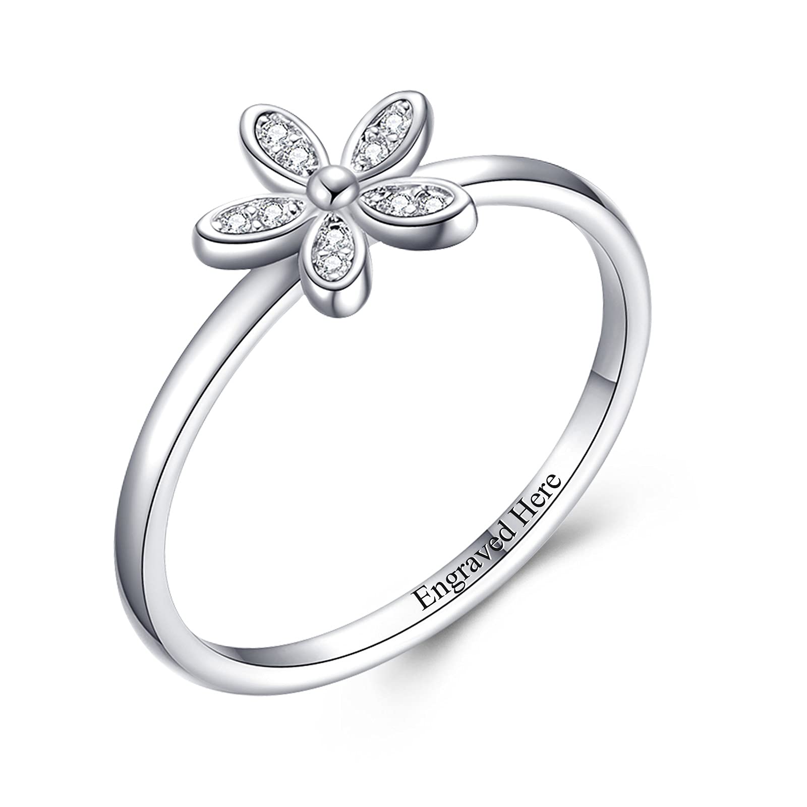 DIYA Flower-Shaped Sterling Silver Moissanite Engagement Ring - Personalized Custom Engraved Jewelry for Women | Perfect for Anniversary, Christmas & Birthday Gifts | Elegant Wedding, Proposal & Special Occasion Jewelry