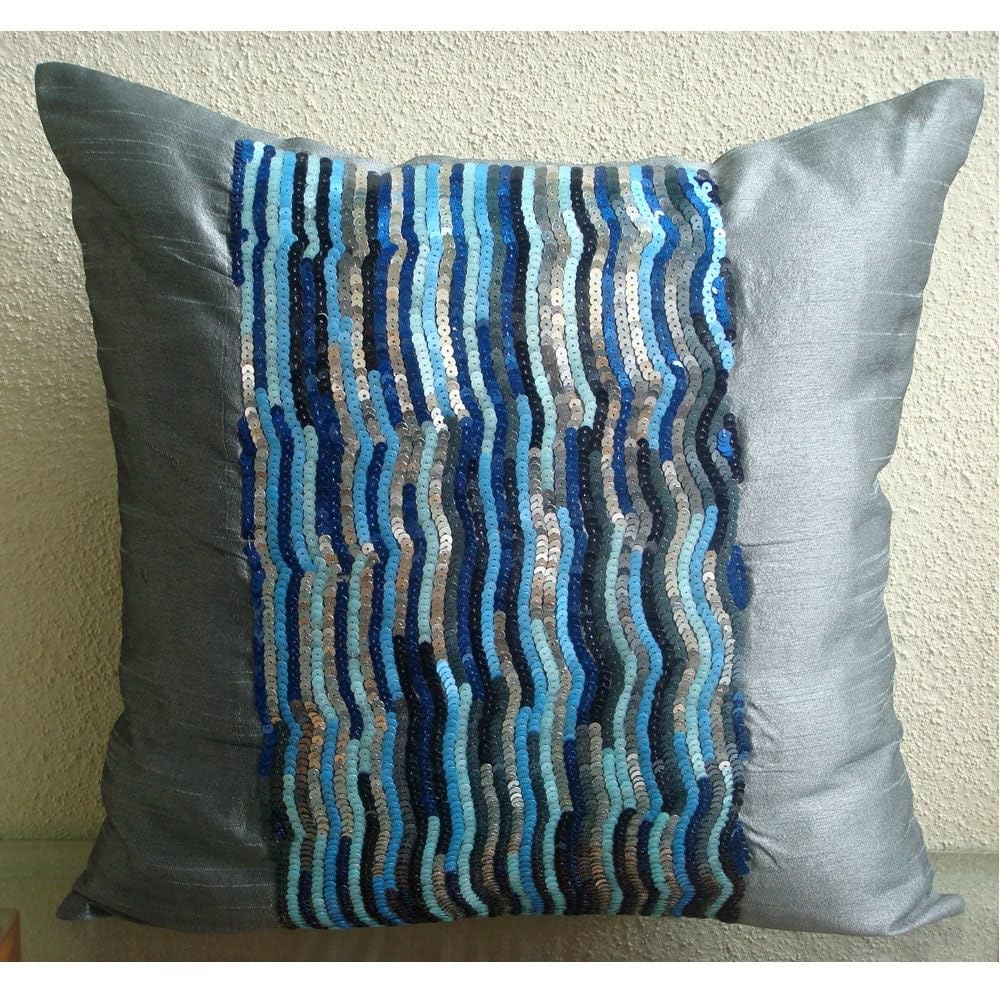 Sparkly Silver Blue Jazz Striped Throw Pillow Covers 14x14 Inch - Glitter Sequins Decorative Square Pillow Cases for Sofa, Bed, Couch - Modern Silk Home Decor Accent Pillows