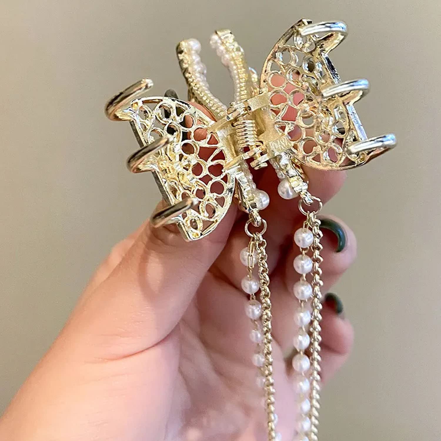 KIDZOO Pearl Butterfly Hair Claw Clip for Women & Girls - Elegant Stone Hair Accessories for Wedding, Party & Everyday Use - Metal Hair Clutcher with Butterfly Design