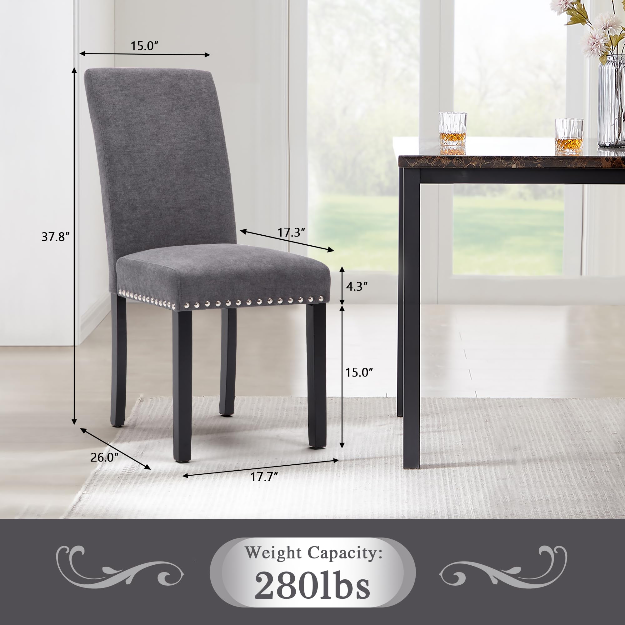 Set of 4 Modern Dining Chairs with Black Metal Legs - Gray Upholstered Kitchen & Living Room Chairs for Home, Restaurant, or Office Use