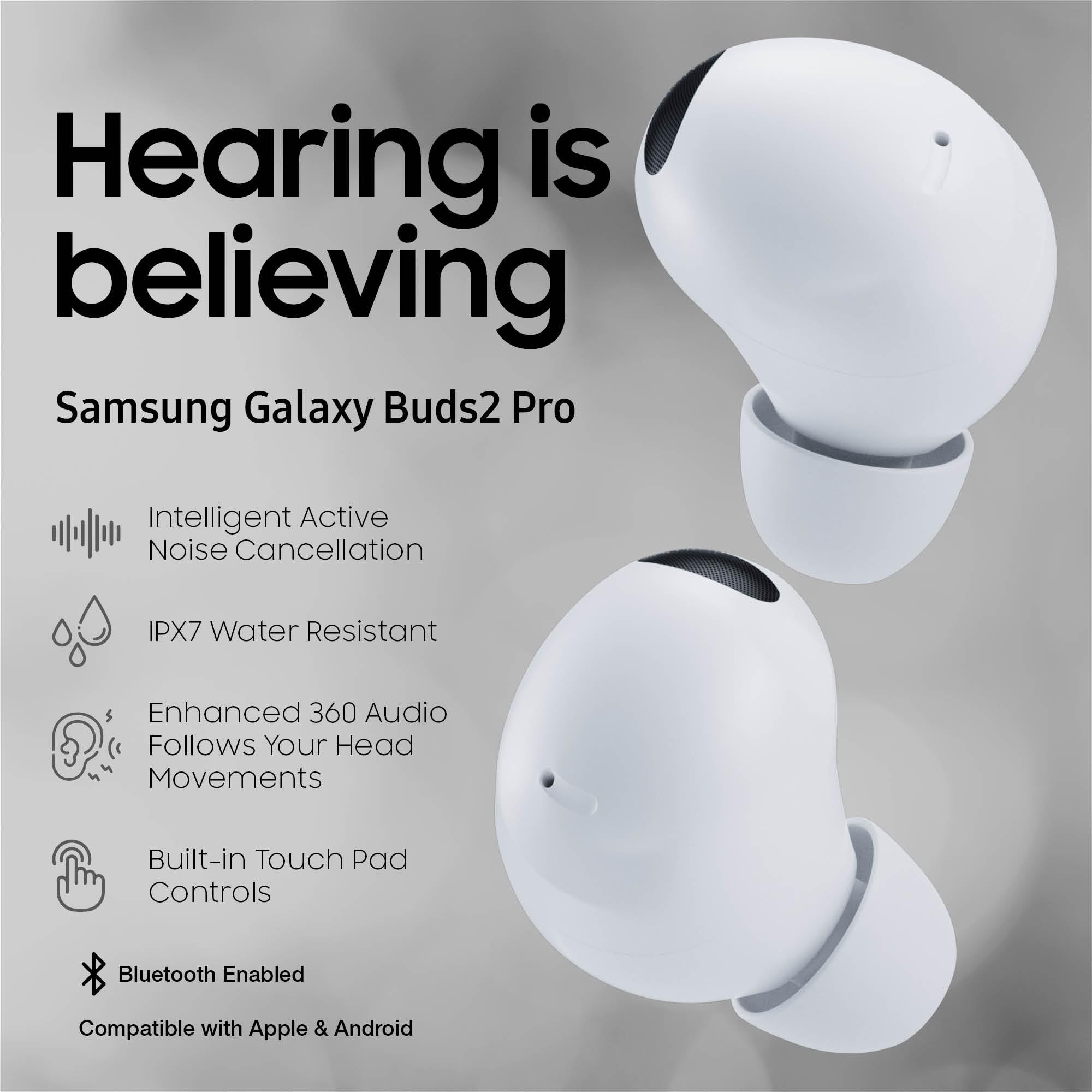 Samsung Galaxy Buds2 Pro Wireless Earbuds with Keychain Carry Case - Active Noise Cancelling, Hi-Fi Sound, Comfort Fit, HD Voice, IPX7 Waterproof (White) | Perfect for Gym, Travel & Work Calls