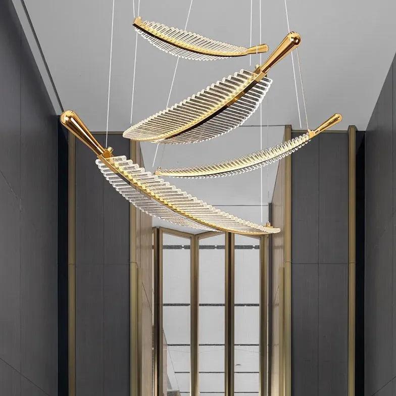Feather Shaped Gold LED Pendant Light - Modern Glass Chandelier for Dining Room, Bedroom, or Living Room Decor
