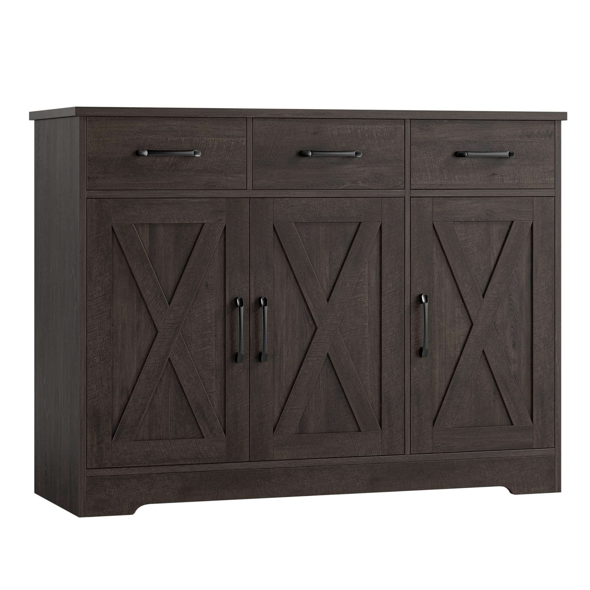 Modern Farmhouse Buffet Sideboard Cabinet with Barn Doors - Wood Storage Cabinet with Drawers & Shelves for Dining Room, Kitchen, Living Room - Dark Brown Coffee Bar Organizer for Home Decor & Entertaining