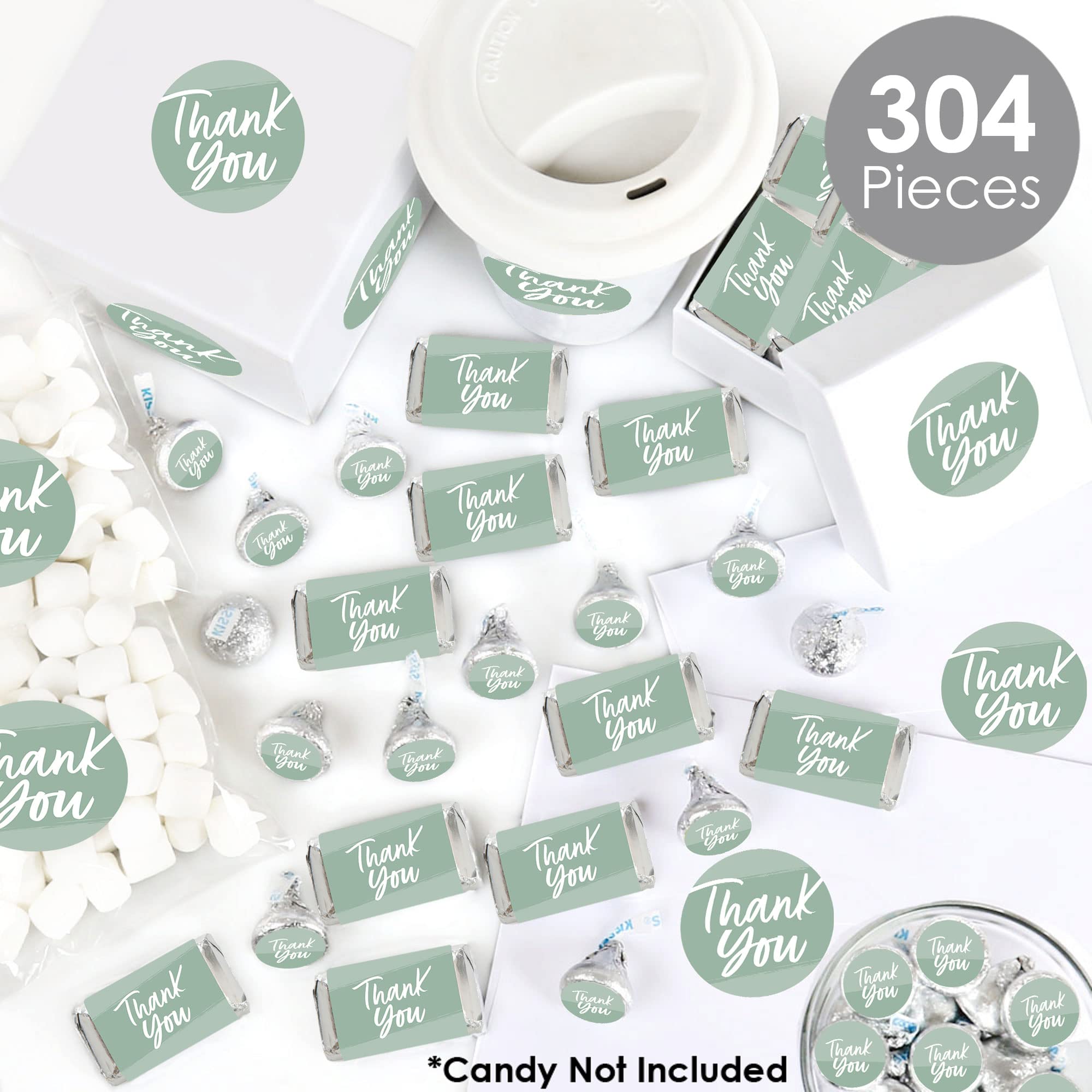 Elegant Sage Green Mini Candy Bar Wrappers & Circle Stickers - 304-Piece Party Favor Kit for Weddings, Baby Showers & Birthday Celebrations