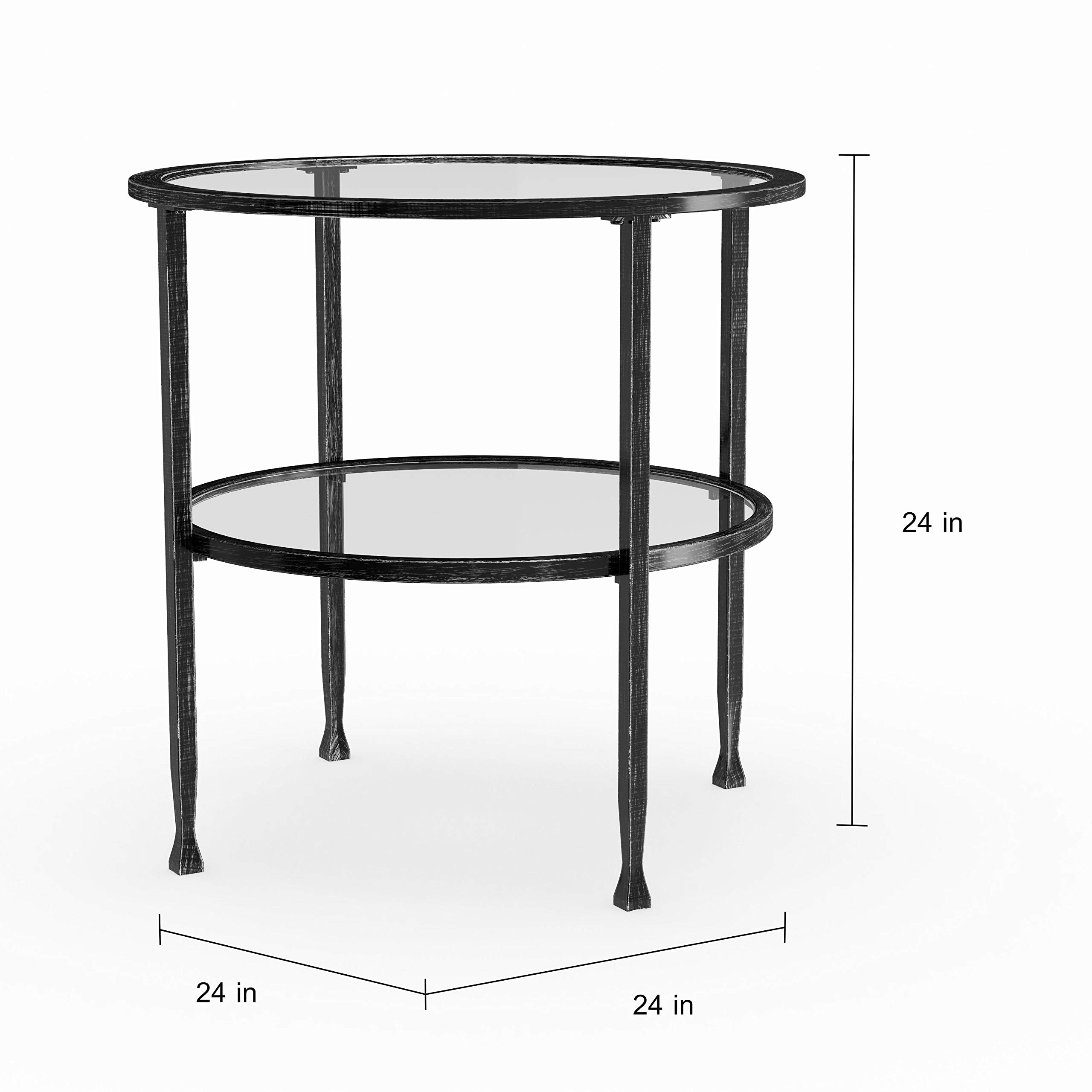 Modern Round End Table with Black Metal Frame & Glass Top - Silver Distressed Finish, Includes Storage Shelf | Perfect for Living Room, Bedroom & Office Decor