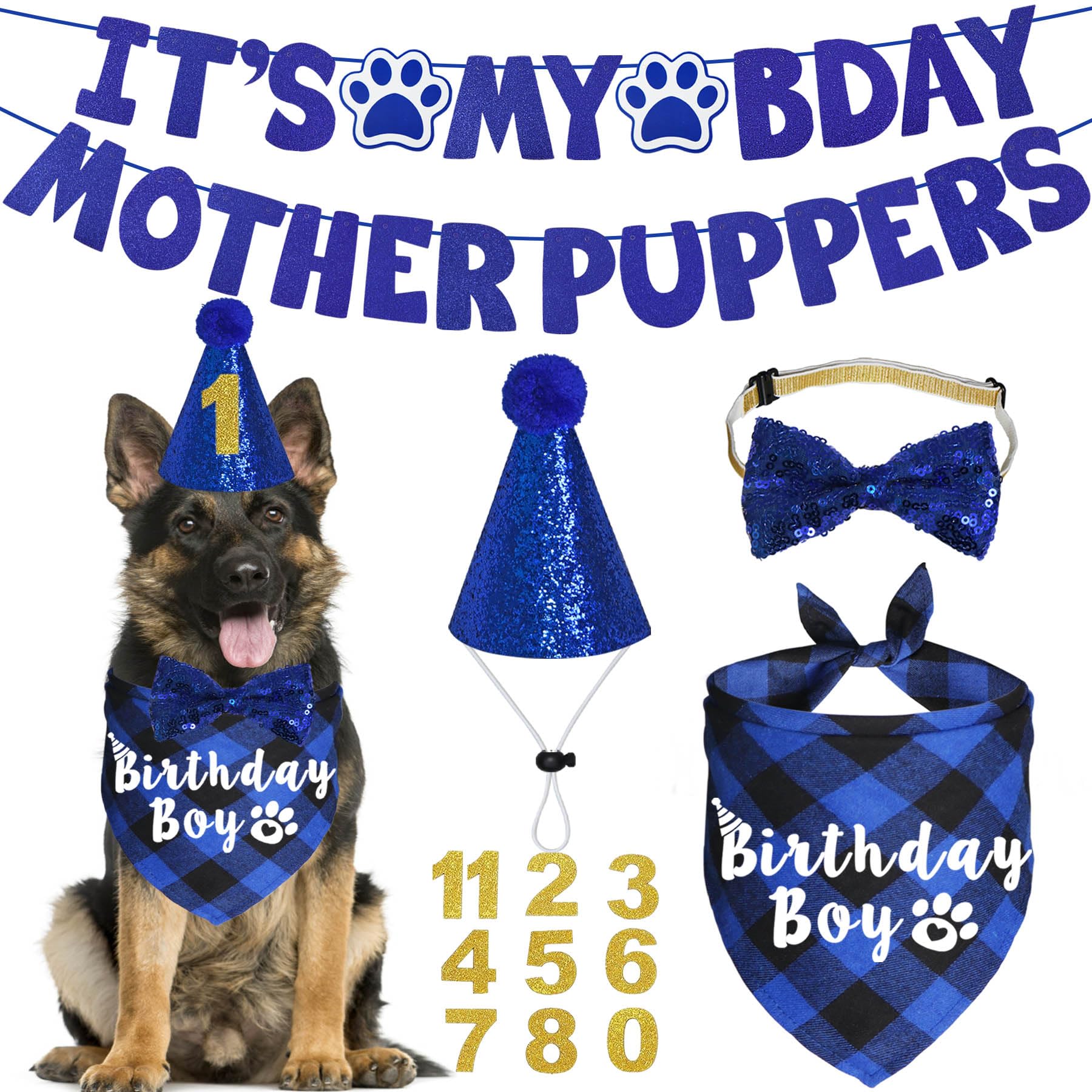 **Blue XL Dog Birthday Bandana, Hat & Bow Tie Set - 