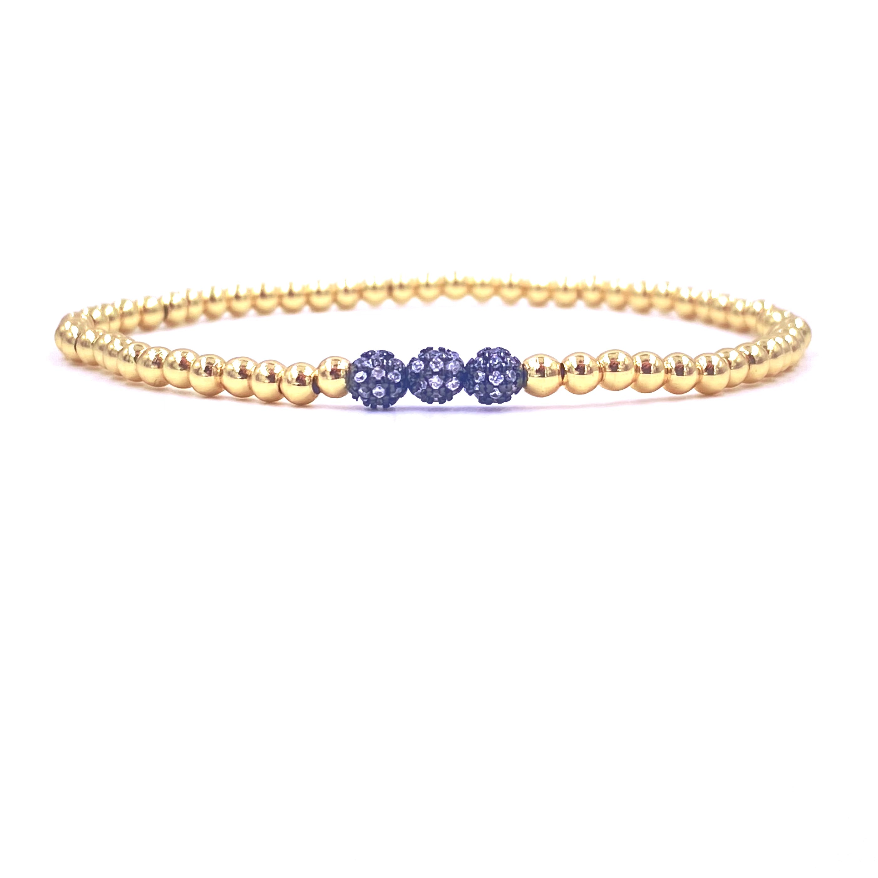 Ashley Gold Stainless Steel Gold Plated Three Center CZ Ball Design Stretch Beaded Bracelet for Women - Elegant Jewelry Gift for Birthday, Anniversary & Special Occasions