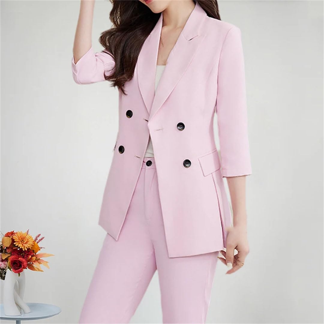 Women's Double Breasted Blazer Suit Set with 3/4 Sleeve Jacket & Trousers - Professional Office Wear, Business Attire, and Formal Outfits for Work or Special Occasions