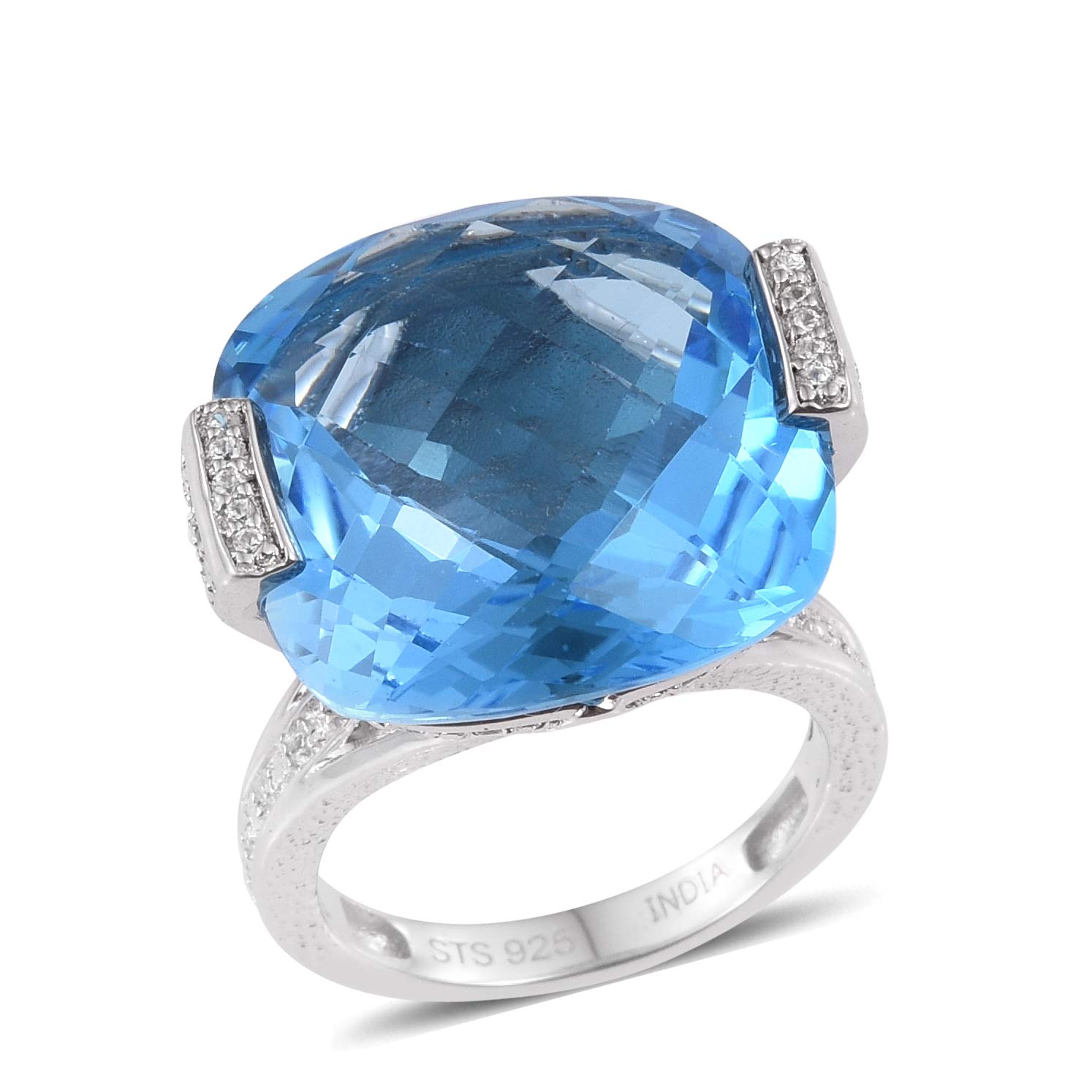 925 Sterling Silver Rhodium Plated Cushion Cut Electric Blue Topaz & White Zircon Engagement Ring for Women - Size 5 | Elegant Wedding, Anniversary & Promise Ring Gift for Her
